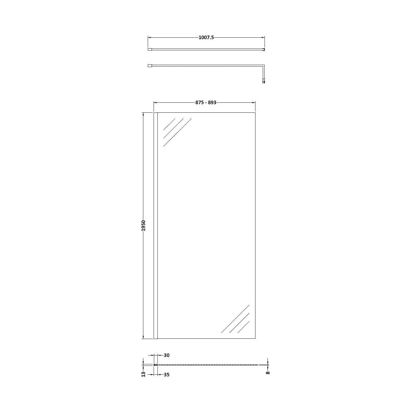 Balterley Contemporary Bathroom 8mm Glass Profile Wetroom Screen with Support Bar, Matt Black, 1950 x 900 x 14mm - Image 2