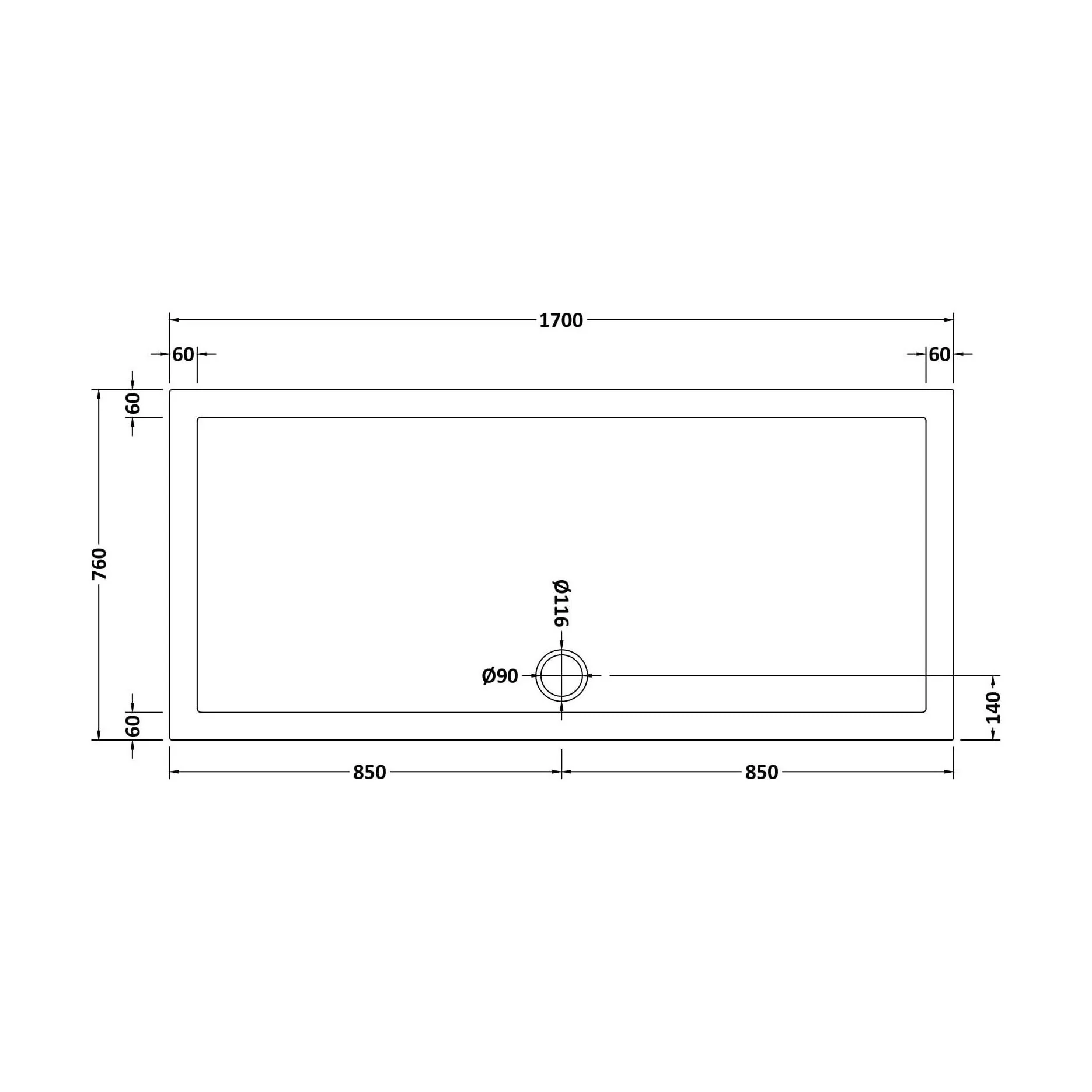 1700mm x 760mm Premium Slip Resistant Rectangular White Stone Resin Shower Tray - Image 2