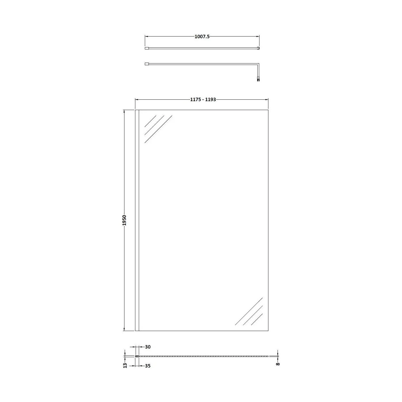 Balterley 8mm Toughened Safety Glass Wetroom Screen with Support Bar: 1200mm x 1950mm, Polished Chrome - Image 2