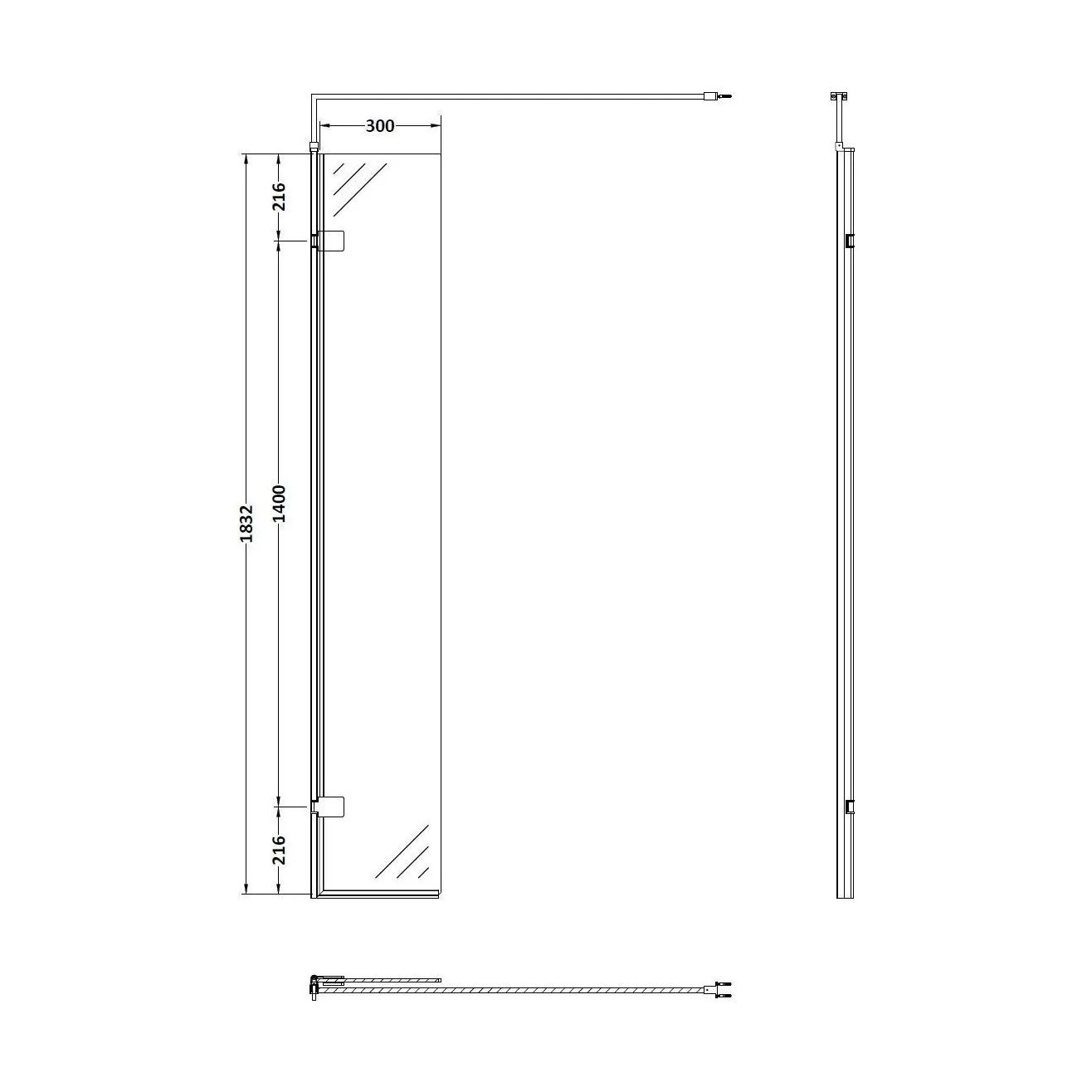 Balterley 8mm Toughened Safety Glass Hinged Return Screen with Support Bar: 300mm x 1850mm, Brushed Brass