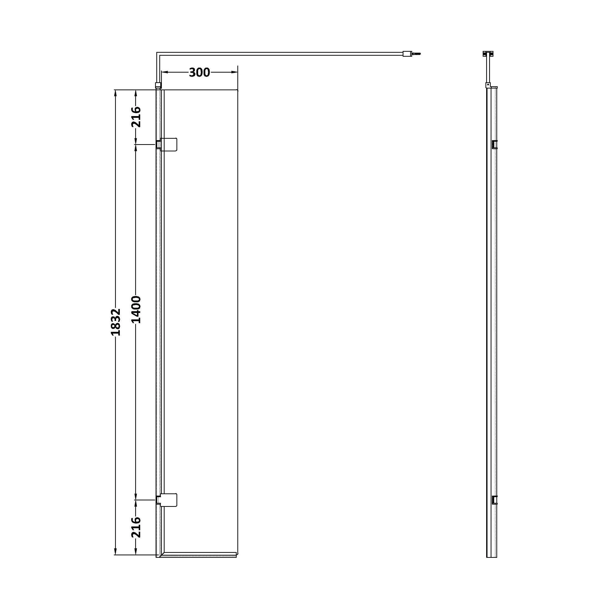 Balterley 8mm Toughened Safety Glass Hinged Return Screen with Support Bar: 300mm x 1850mm, Black