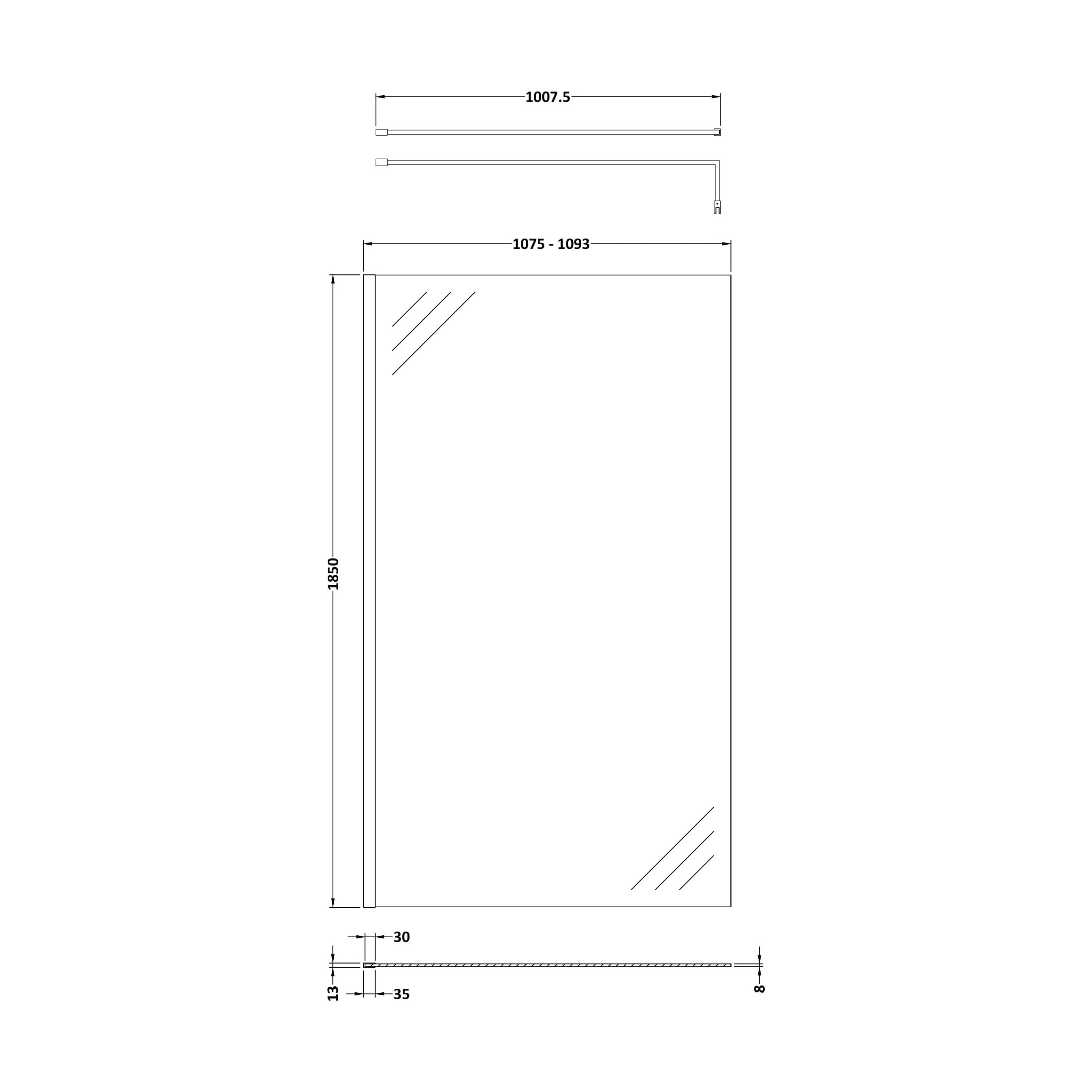 Balterley 8mm Toughened Safety Glass Wetroom Screen with Support Bar: 1100mm x 1850mm, Brushed Brass - Image 2