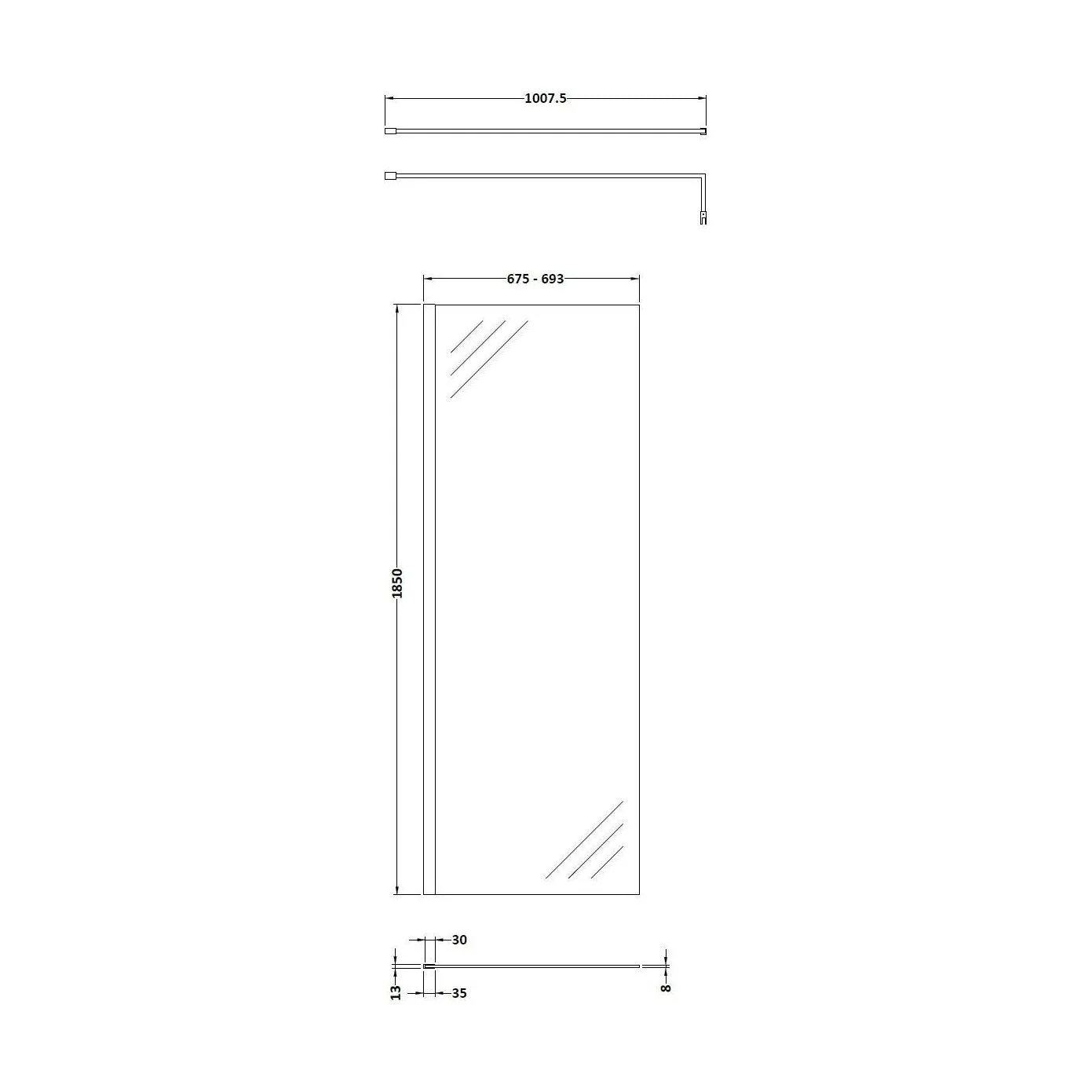 Balterley 8mm Toughened Safety Glass Wetroom Screen with Support Bar - Choice of Size and Profile Finish - Image 2