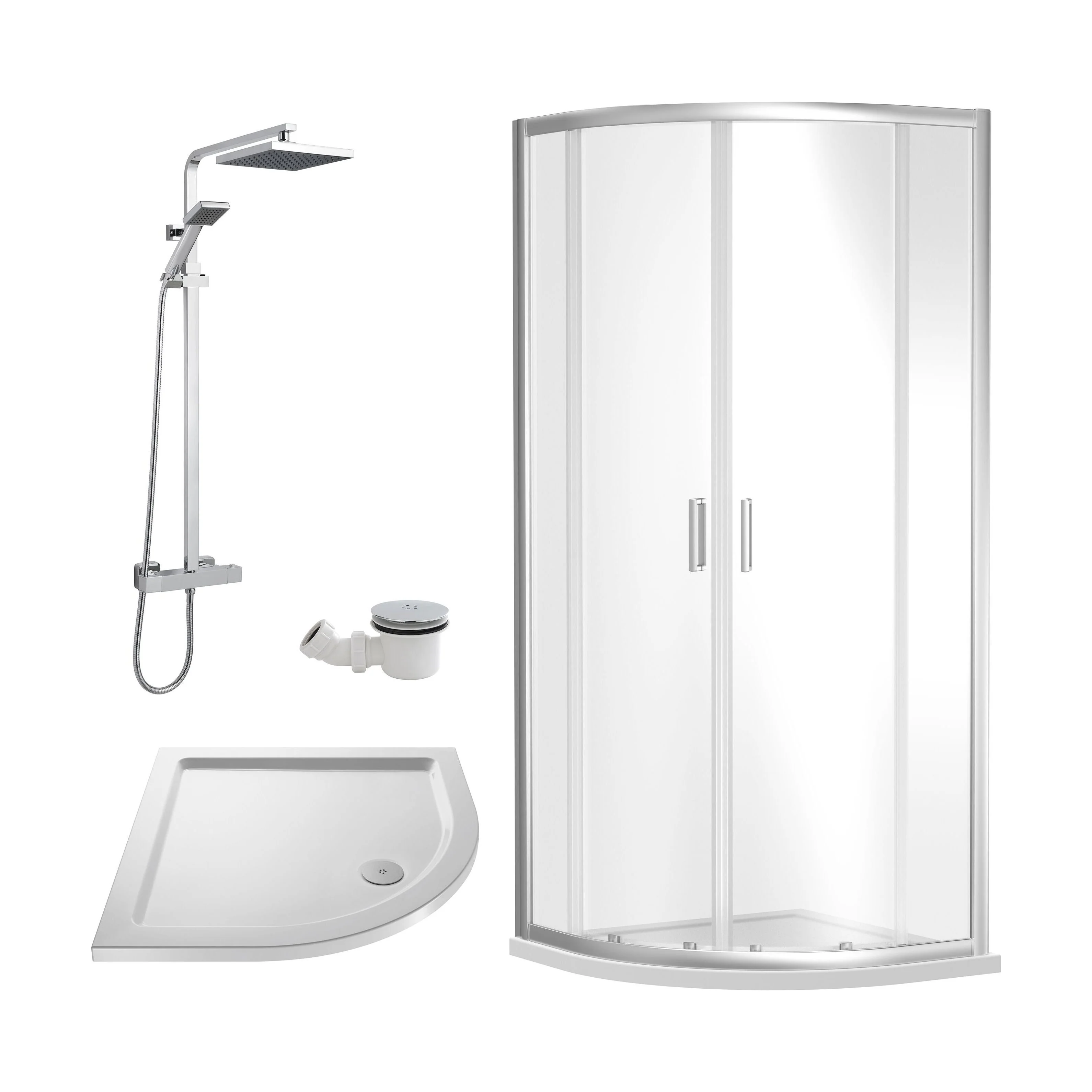 Balterley Ruwa Quadrant Shower Enclosure Bundle: Tray, Square Kit & Waste, 800 x 800 mm White/Chrome