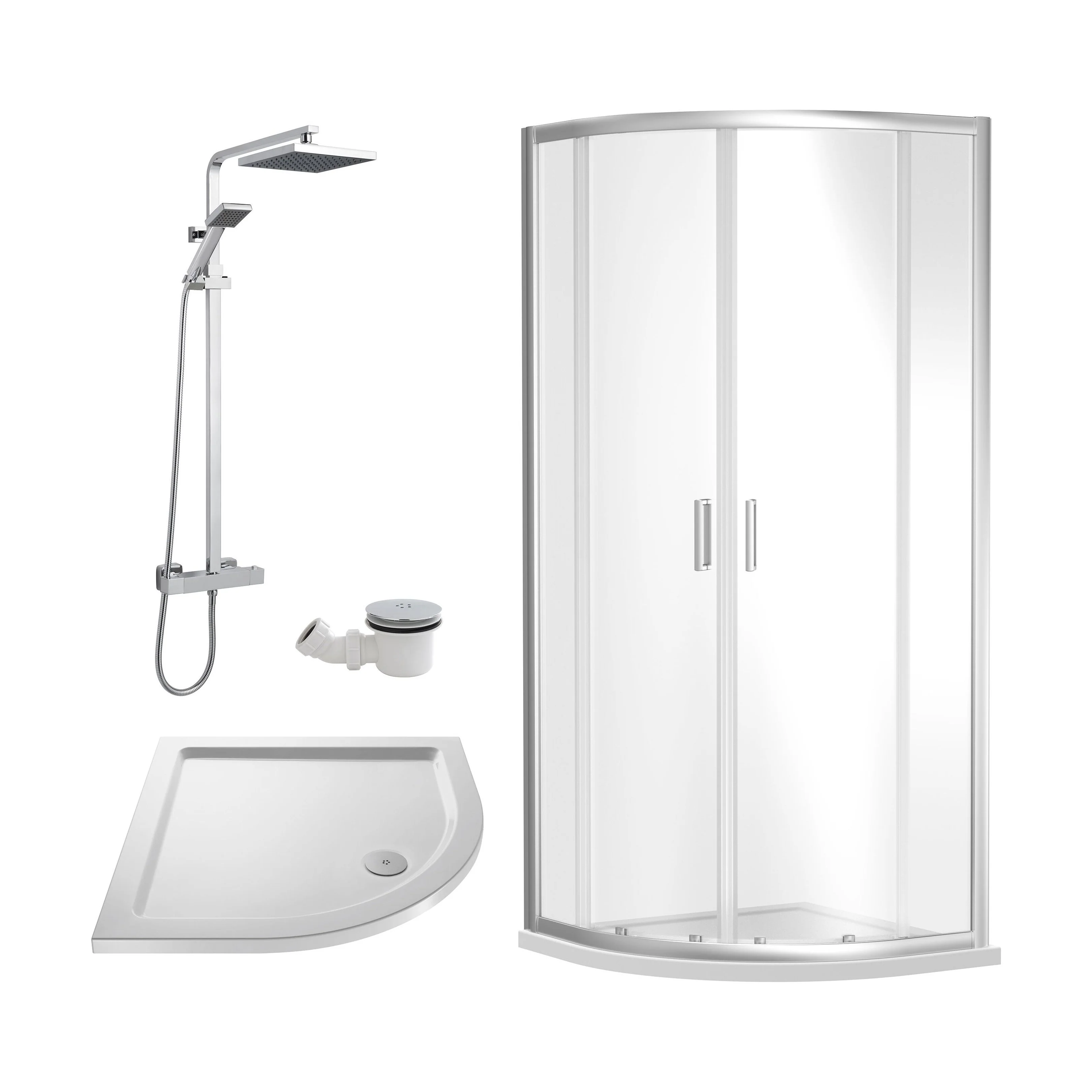 Balterley Ruwa Quadrant Shower Enclosure Bundle: Tray, Square Kit & Waste, 900 x 900 mm White/Chrome
