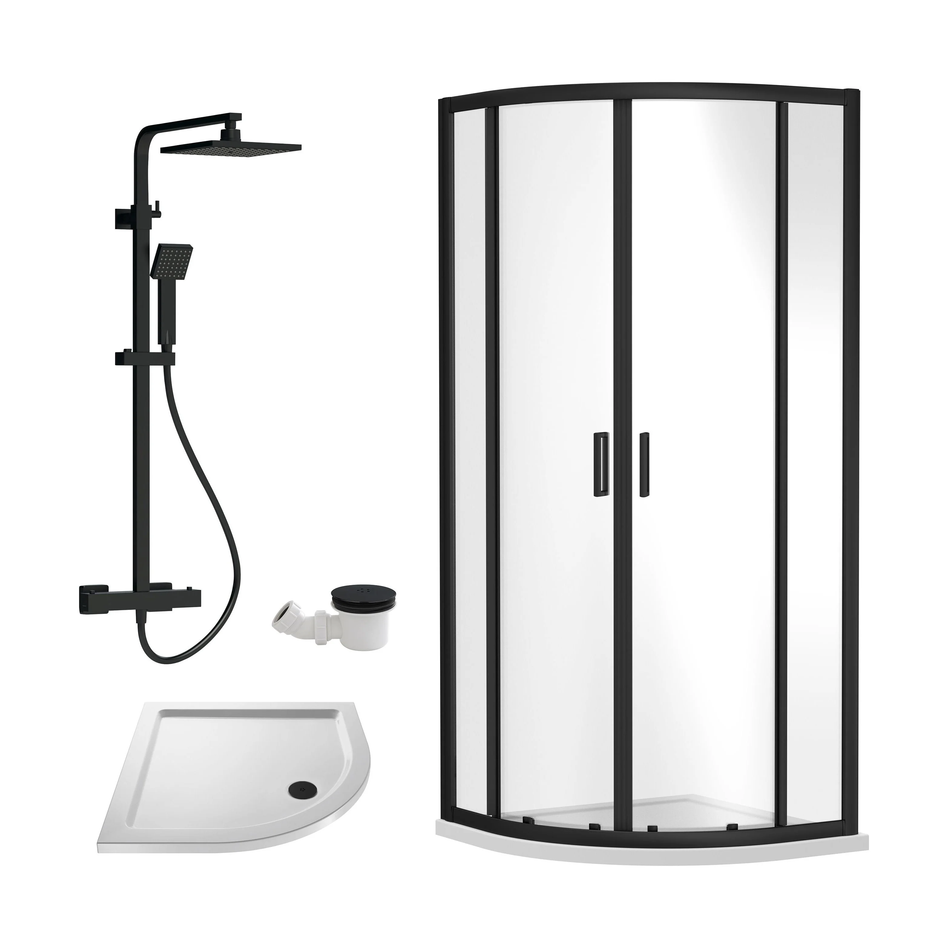 Balterley Ruwa Quadrant Shower Enclosure Bundle: Tray, Square Kit & Waste, 800 x 800 mm White/Black