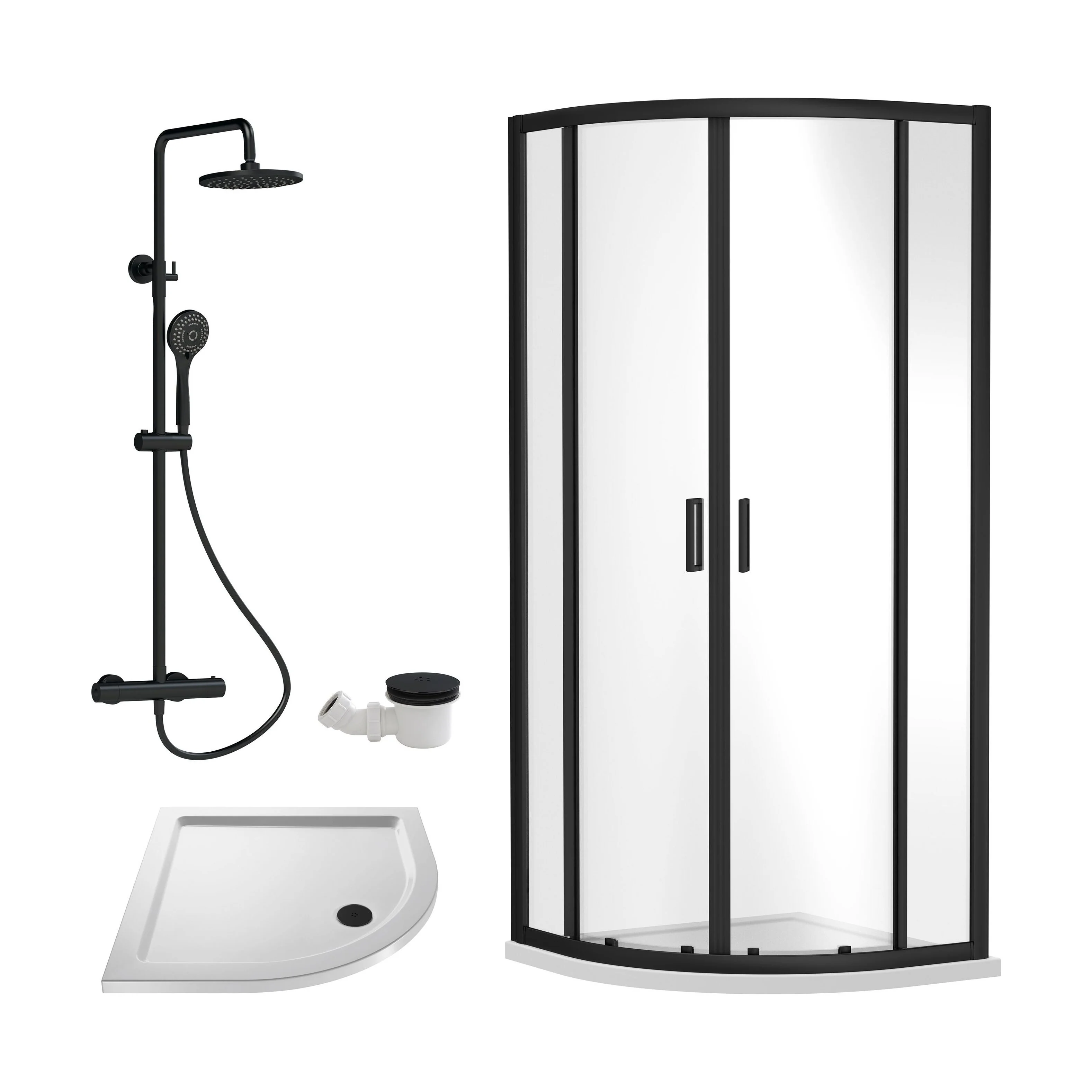 Balterley Ruwa Quadrant Shower Enclosure Bundle: Slimline Tray, Round Kit & Waste 900 x 900 mm White/Chrome