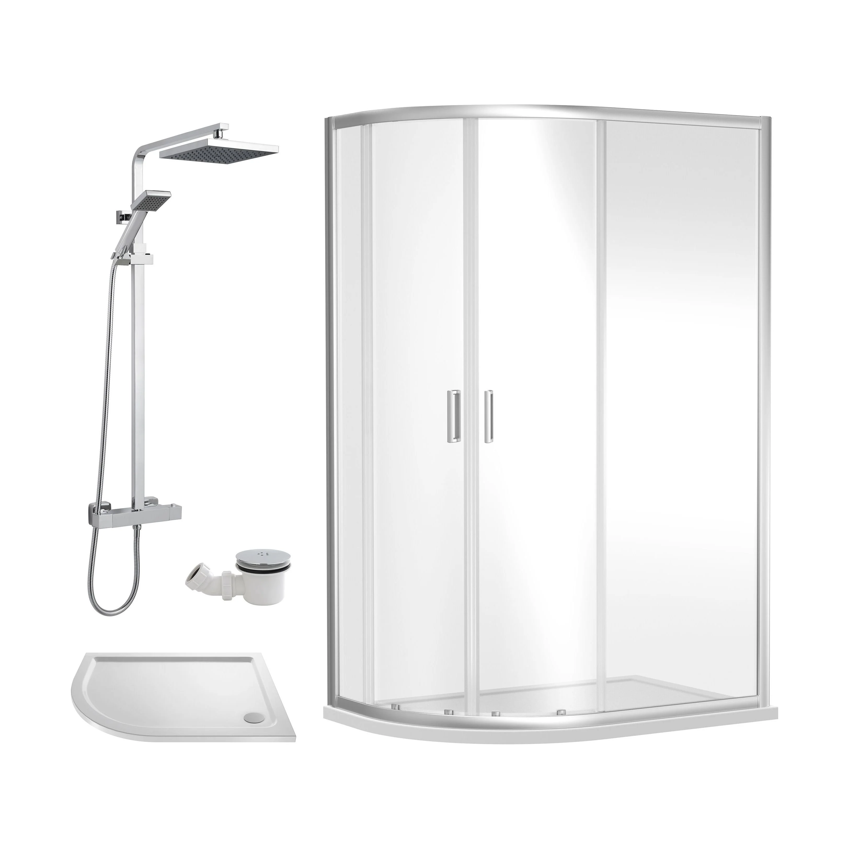 Balterley Ruwa Quadrant Offset Left Bundle: Slimline Tray, Square Kit & Waste, 1000 x 800 mm White/Chrome