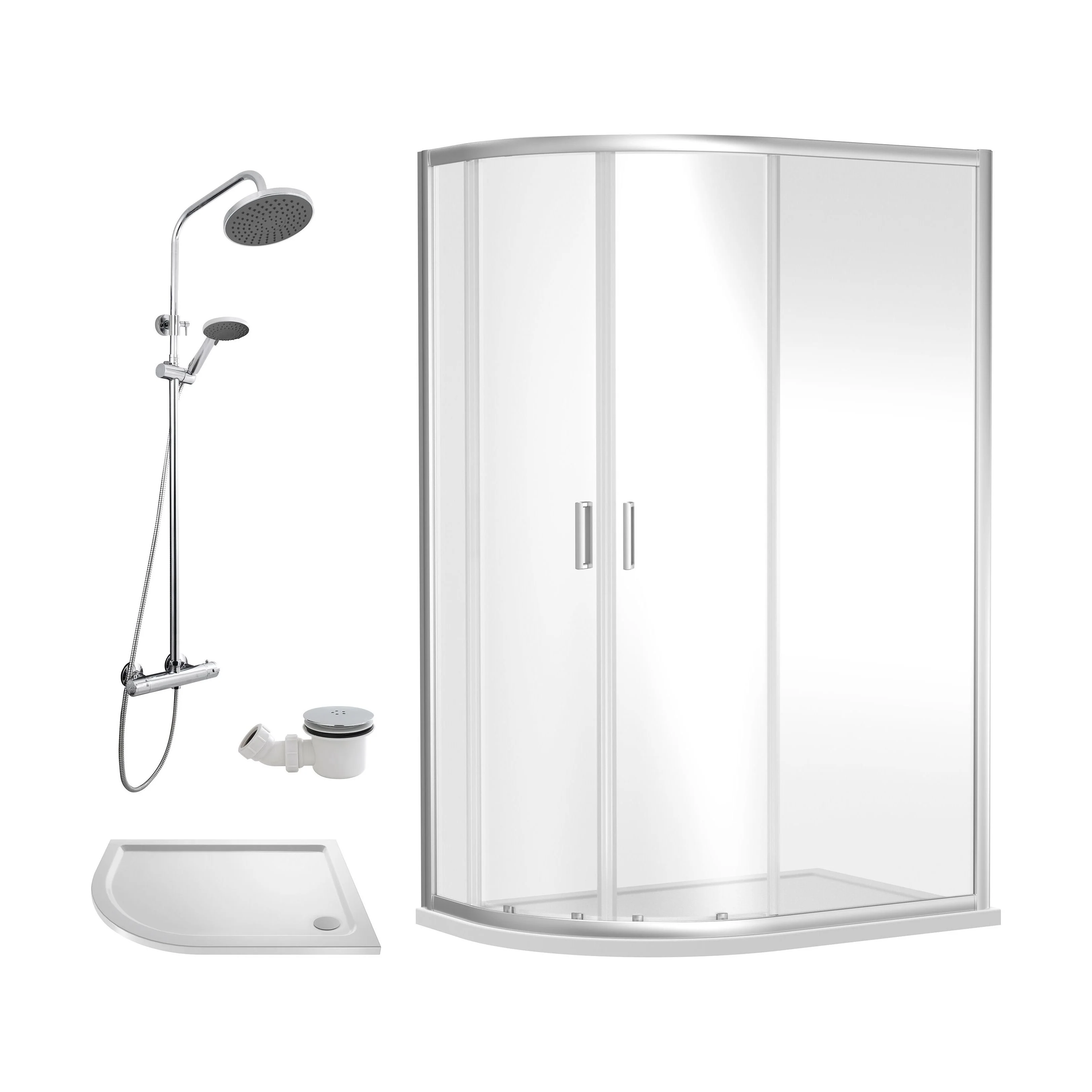 Balterley Ruwa Quadrant Offset Left Bundle: Slimline Tray, Round Kit & Waste, 1000 x 800 mm White/Chrome