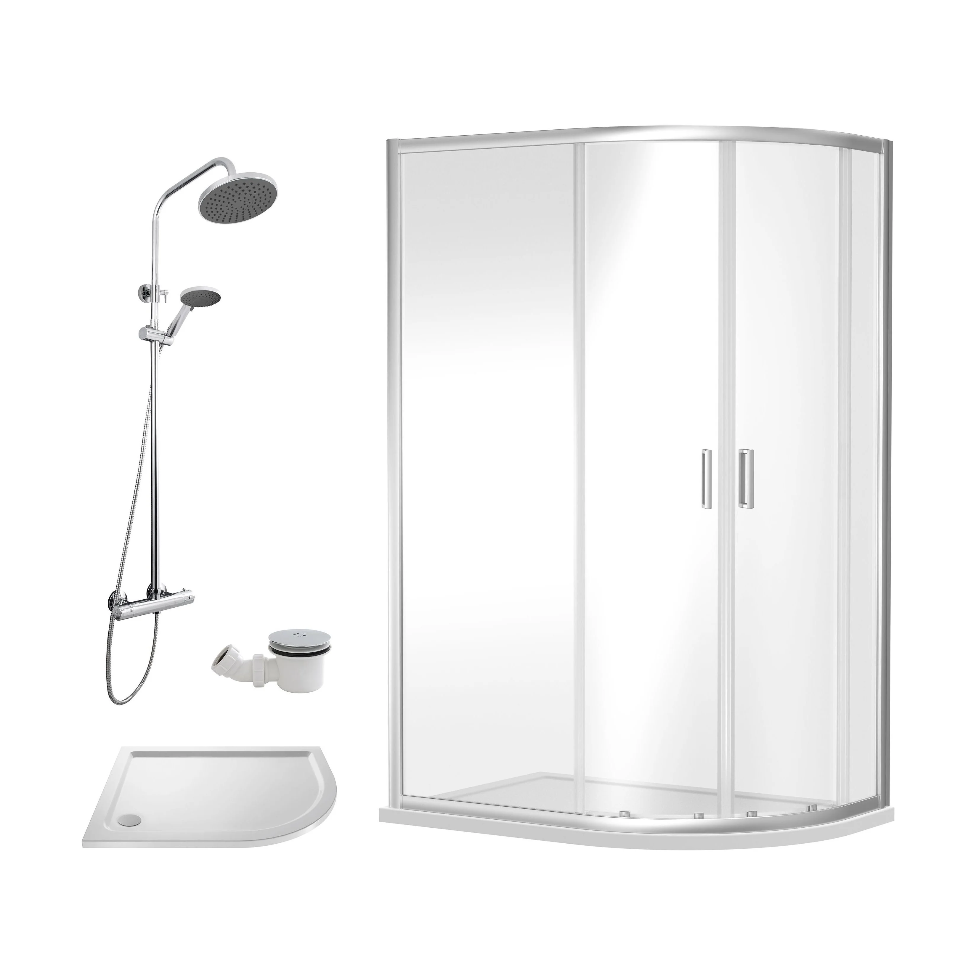 Balterley Ruwa Quadrant Offset Right Bundle: Slimline Tray, Round Kit & Waste, 1000 x 800 mm White/Chrome