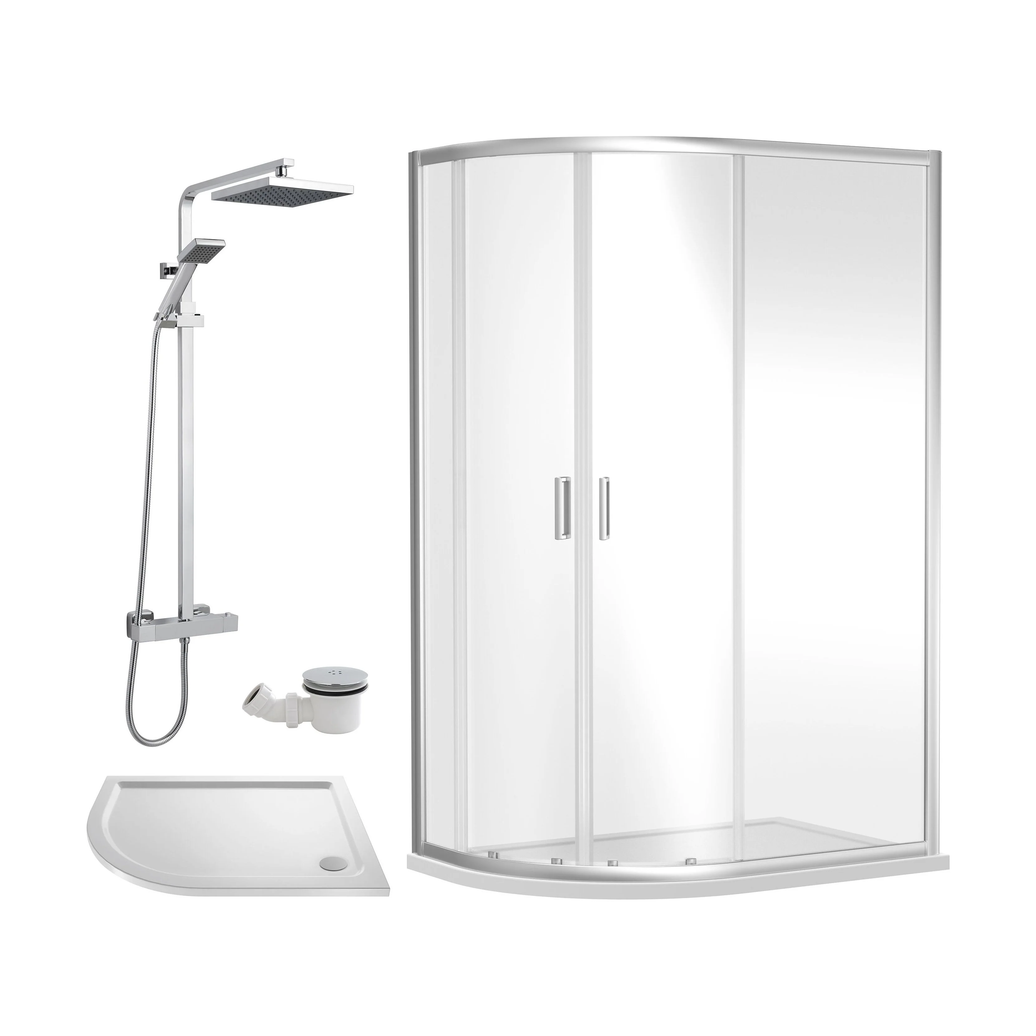 Balterley Ruwa Quadrant Offset Left Bundle: Slimline Tray, Square Kit & Waste, 1200 x 800 mm White/Chrome