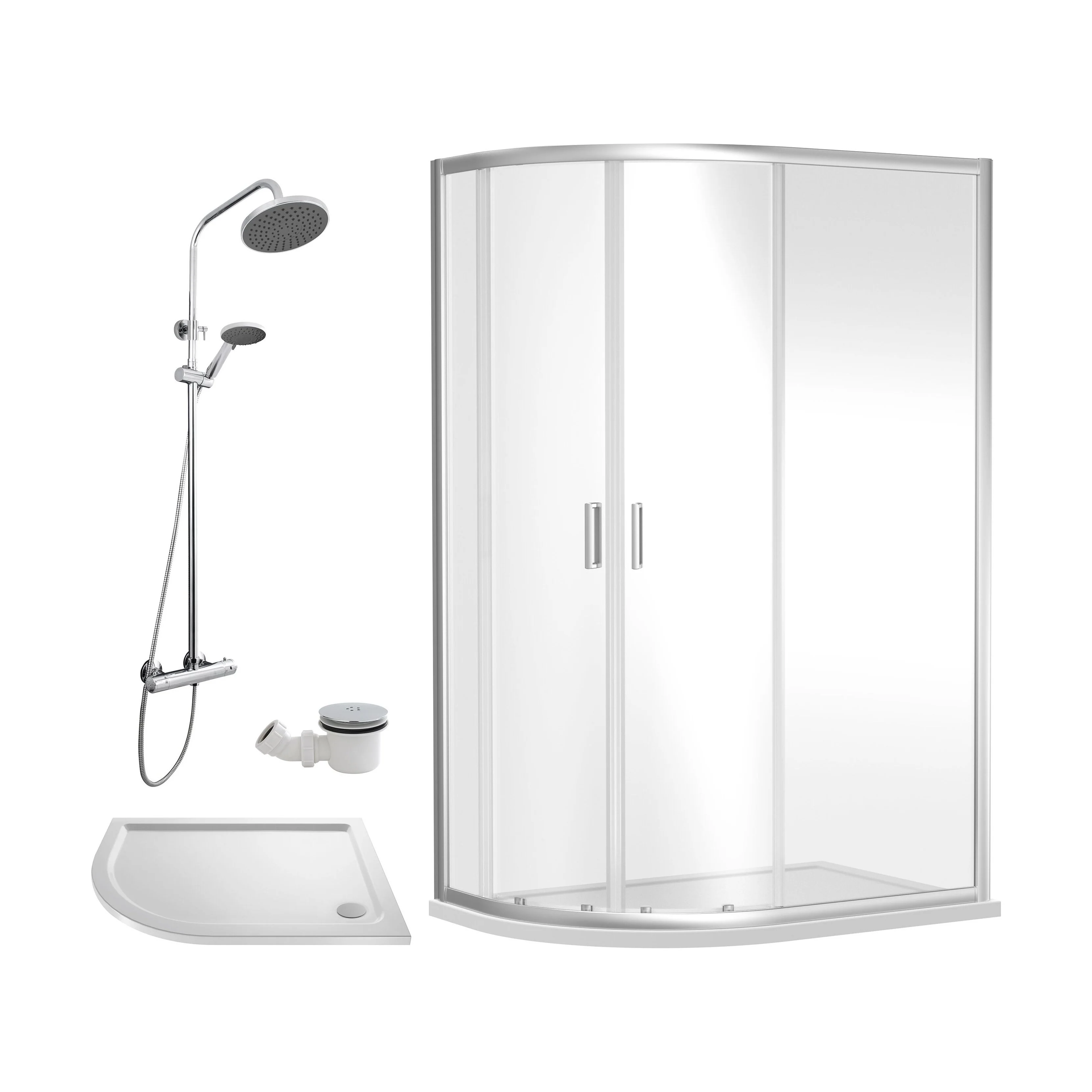 Balterley Ruwa Quadrant Offset Left Bundle: Slimline Tray, Round Kit & Waste, 1200 x 800 mm White/Chrome