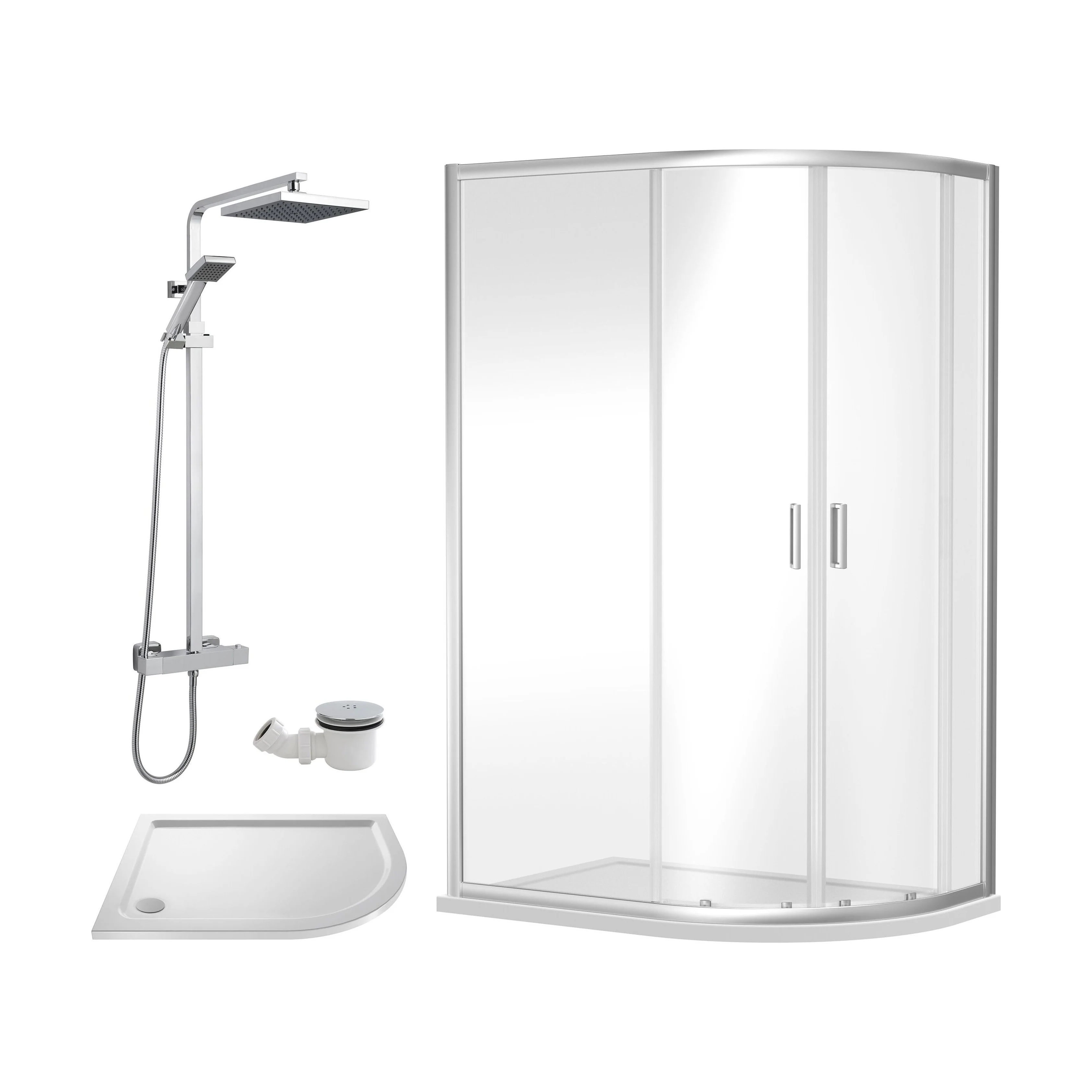 Balterley Ruwa Offset Right Quadrant: Tray, Square Kit & Waste, 1200 x 800 mm White/Chrome