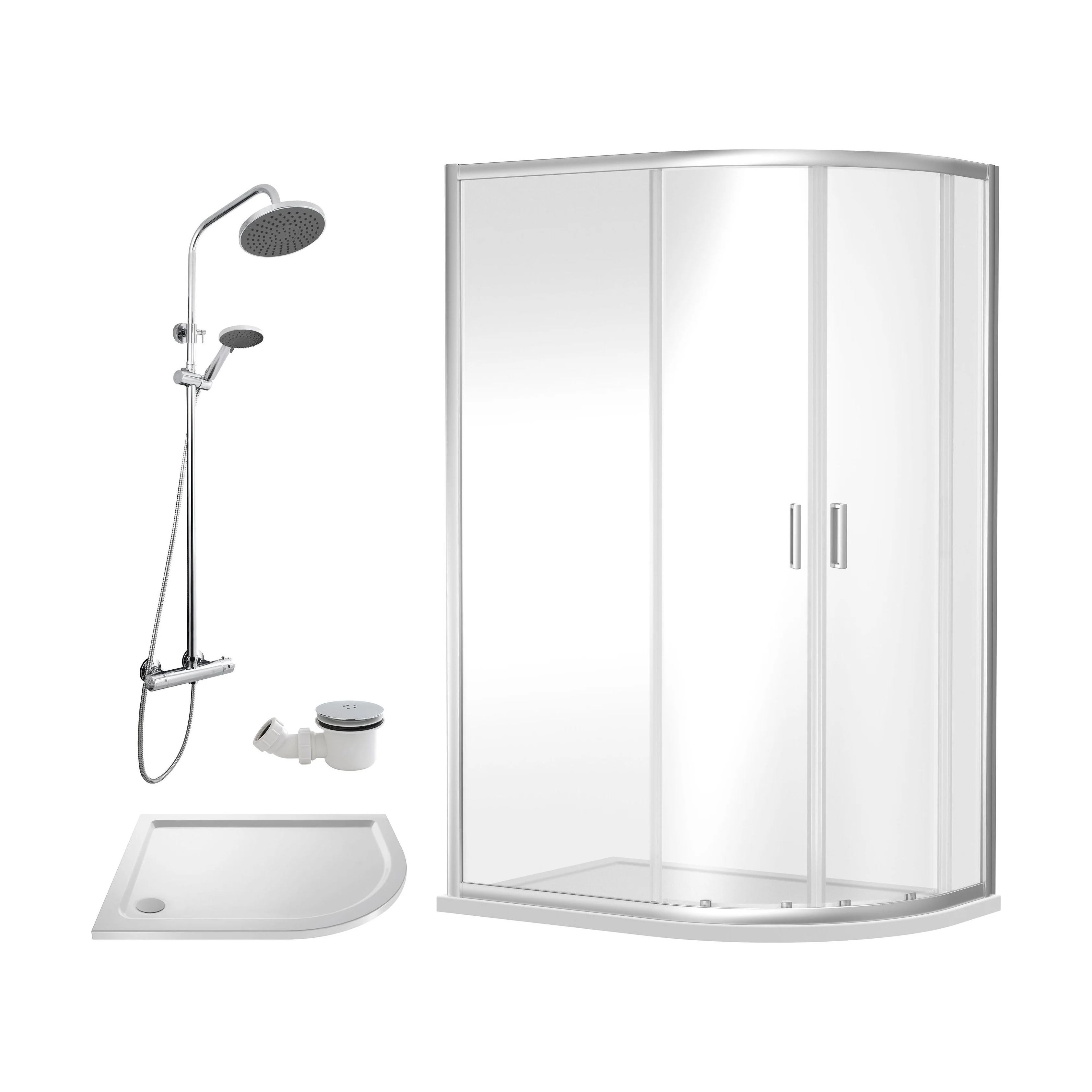 Balterley Ruwa Offset Right Quadrant: Tray, Round Kit & Waste, 1200 x 800 mm White/Chrome