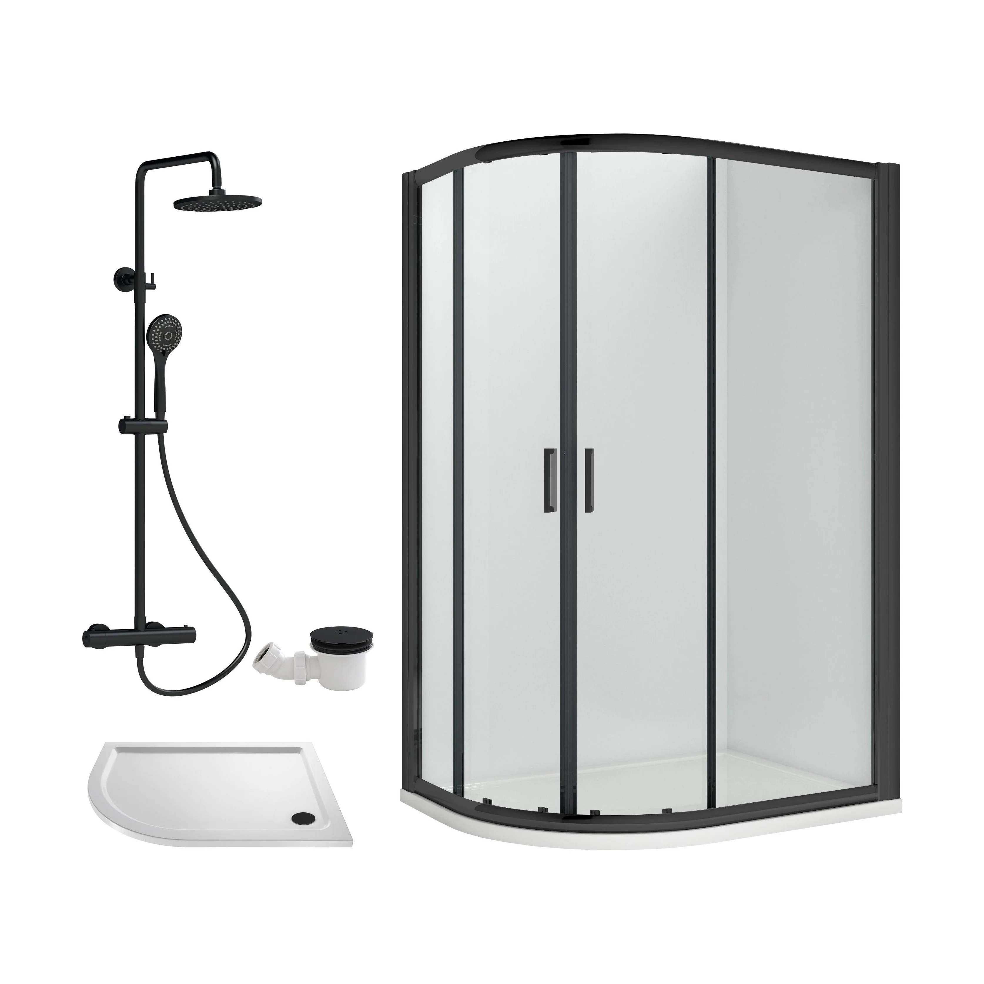 Balterley Ruwa Quadrant Offset Left Bundle: Tray, Round Kit & Waste, 1000 x 800 mm White/Black