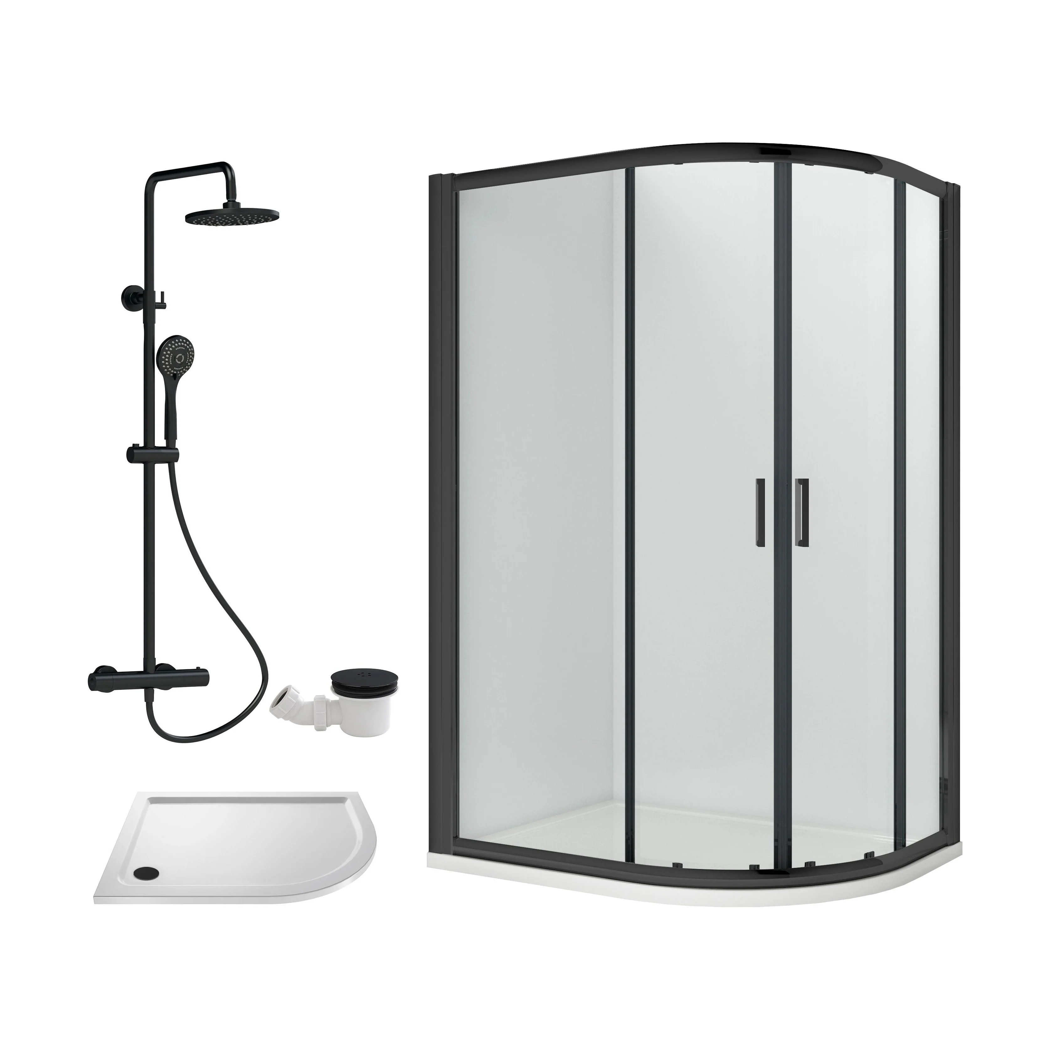 Balterley Ruwa Quadrant Offset Right Bundle: Tray, Round Kit & Waste, 1000 x 800 mm White/Black