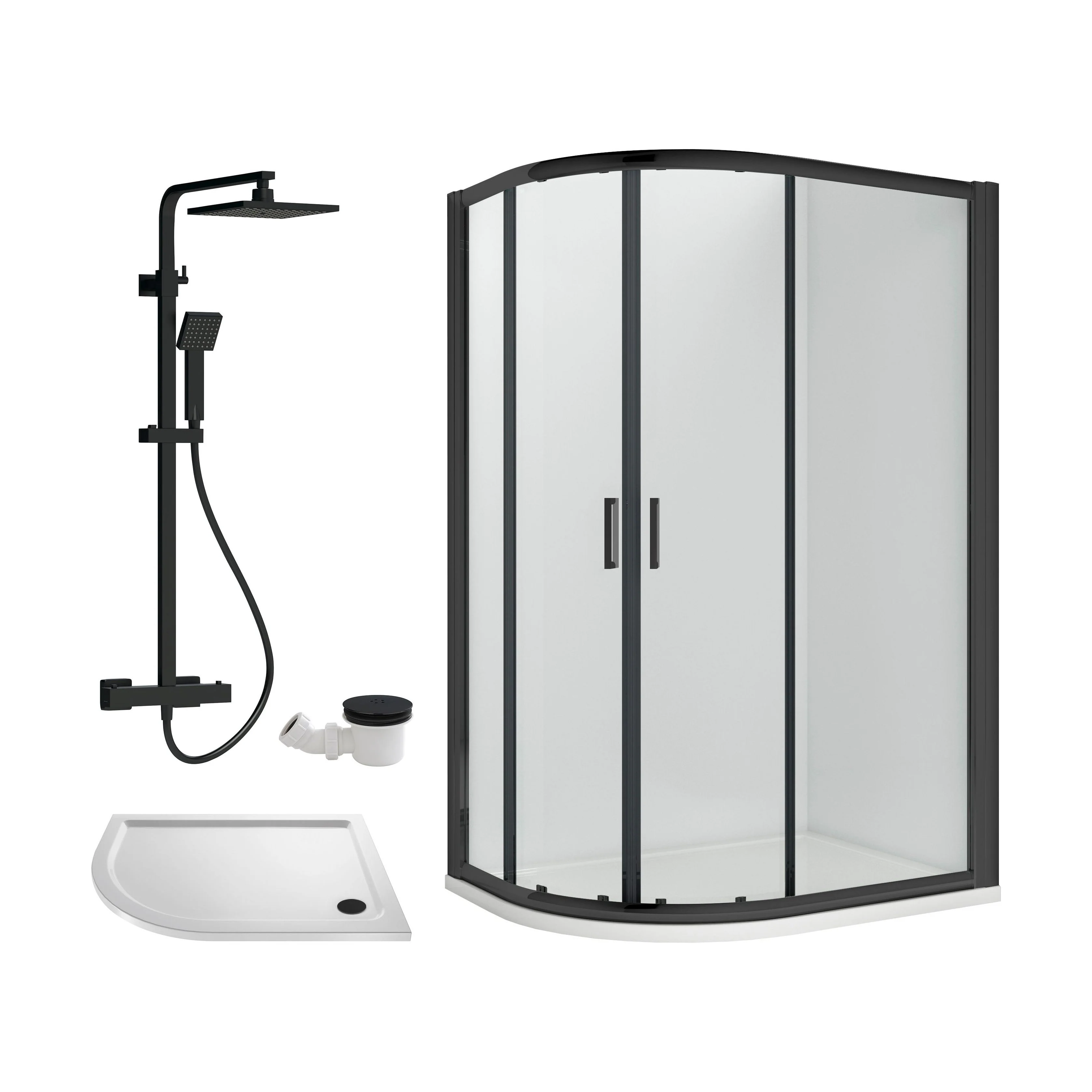 Balterley Ruwa Quadrant Offset Right Bundle: Tray, Round Kit & Waste, 1000 x 800 mm White/Black
