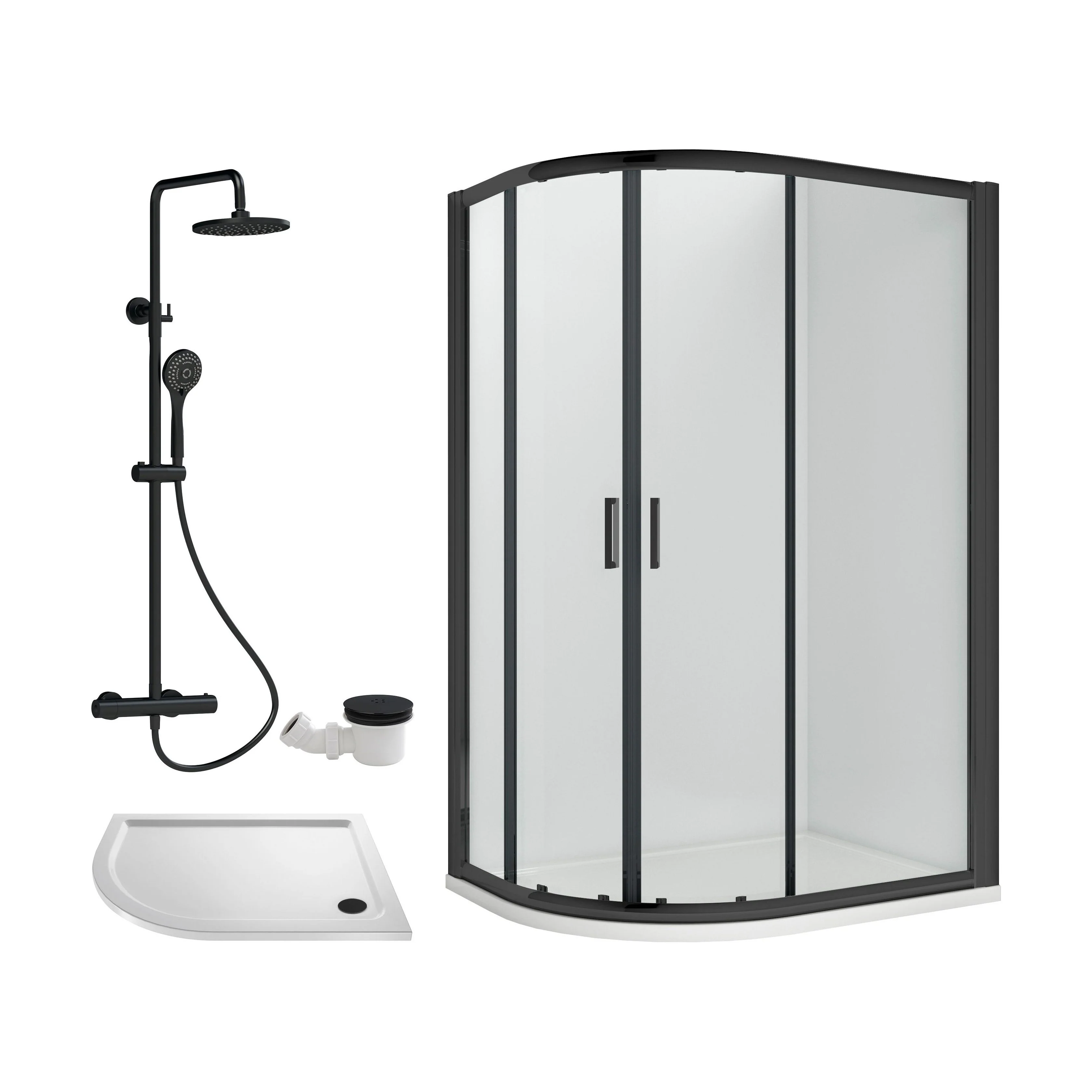 Balterley Ruwa Quadrant Offset Left Bundle: Tray, Round Kit & Waste, 1000 x 800 mm White/Black