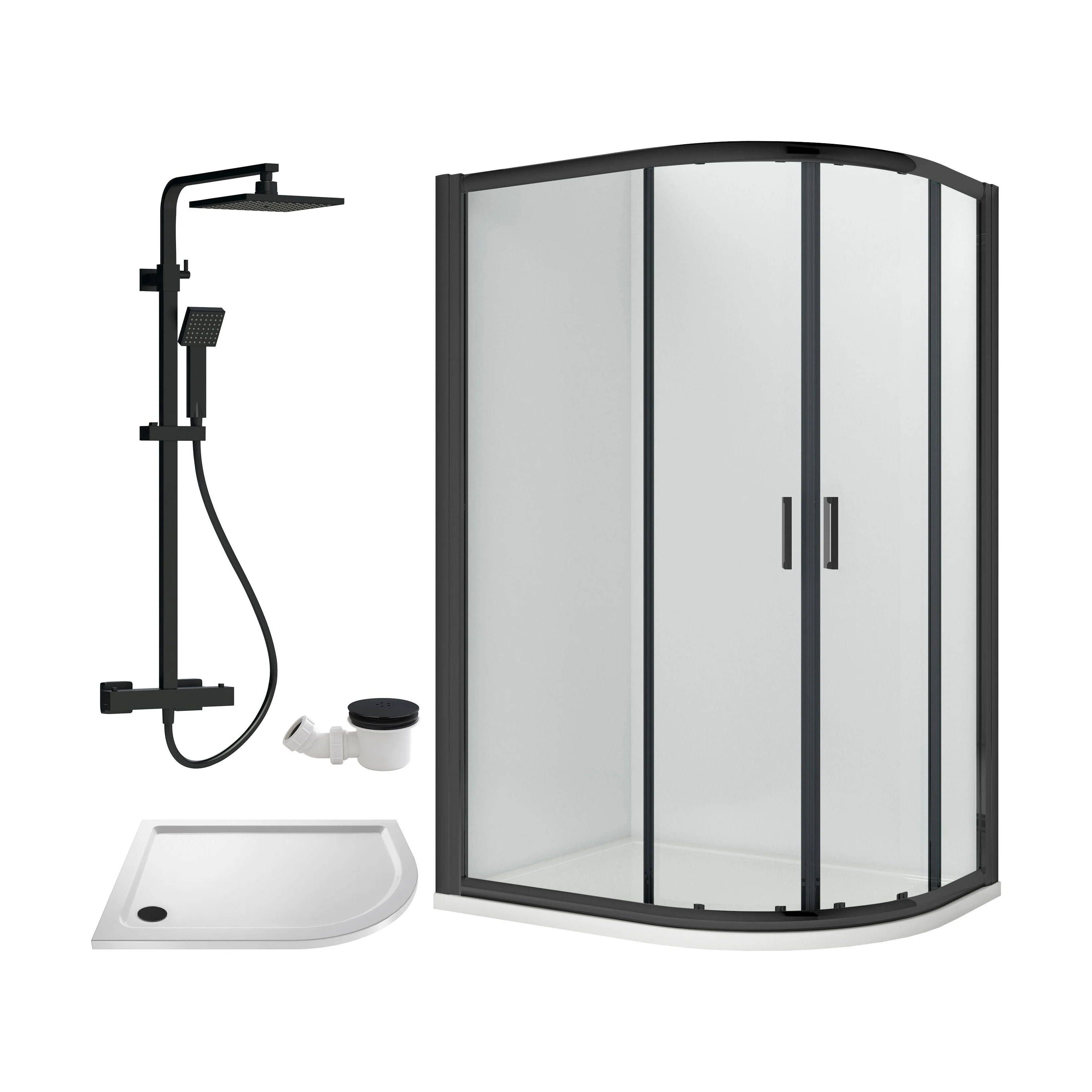 Balterley Ruwa Quadrant Offset Right Bundle: Tray, Square Kit & Waste, 1200 x 800 mm White/Black