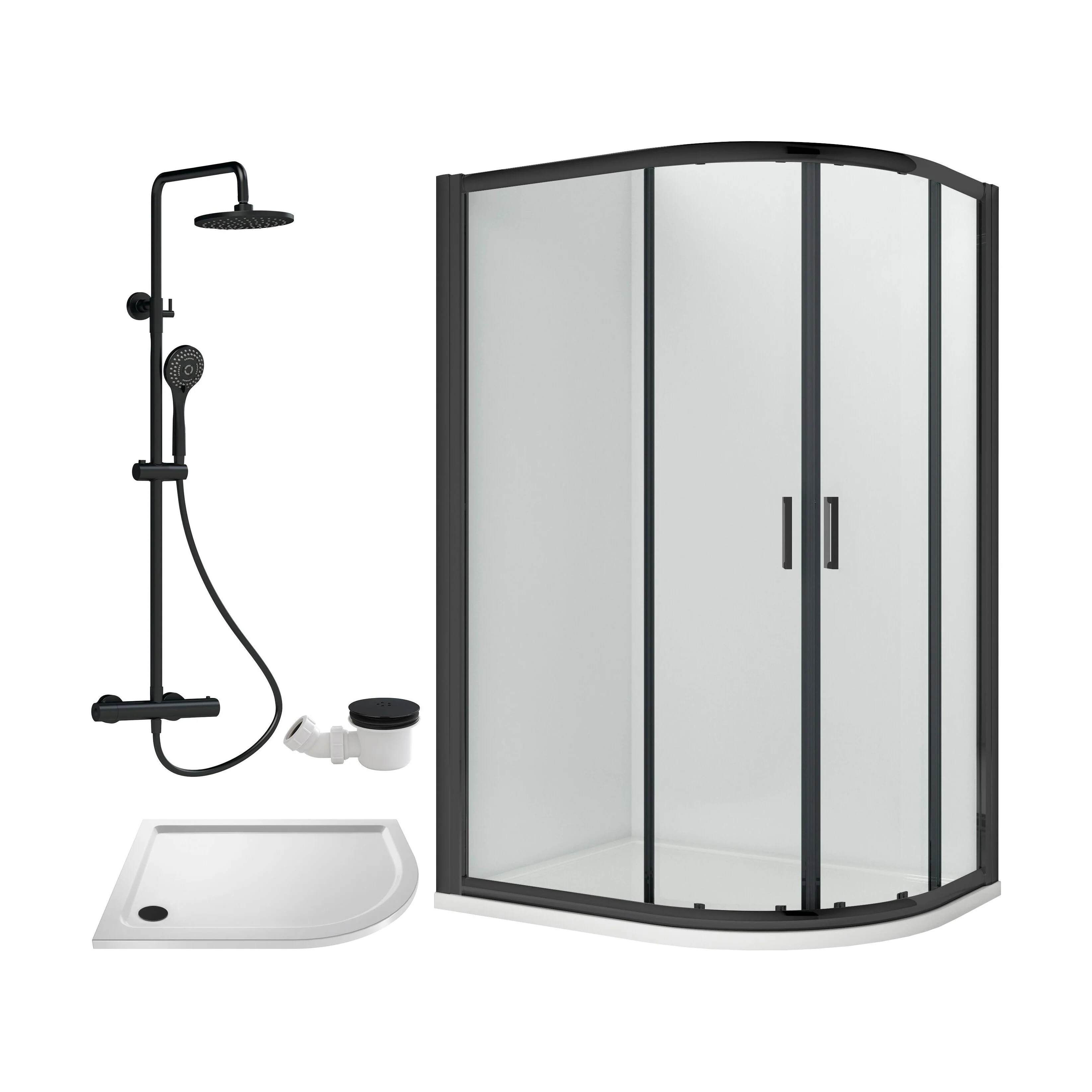 Balterley Ruwa Quadrant Offset Right Bundle: Tray, Round Kit & Waste, 1200 x 800 mm White/Black