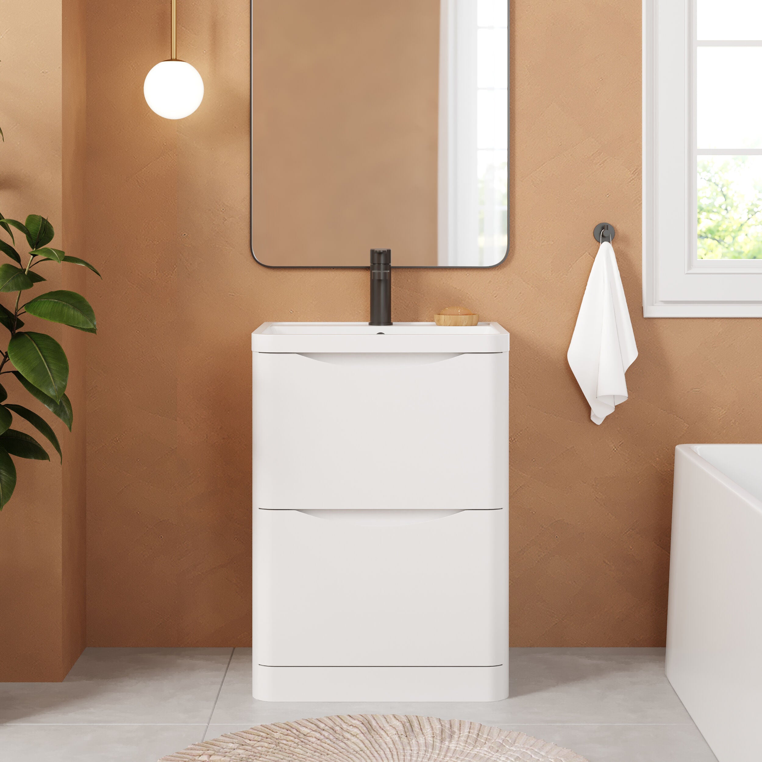 Balterley Arch Contemporary Bathroom Floor Standing 2 Drawer Vanity & Polymarble Basin, Satin White, 600mm - Image 2