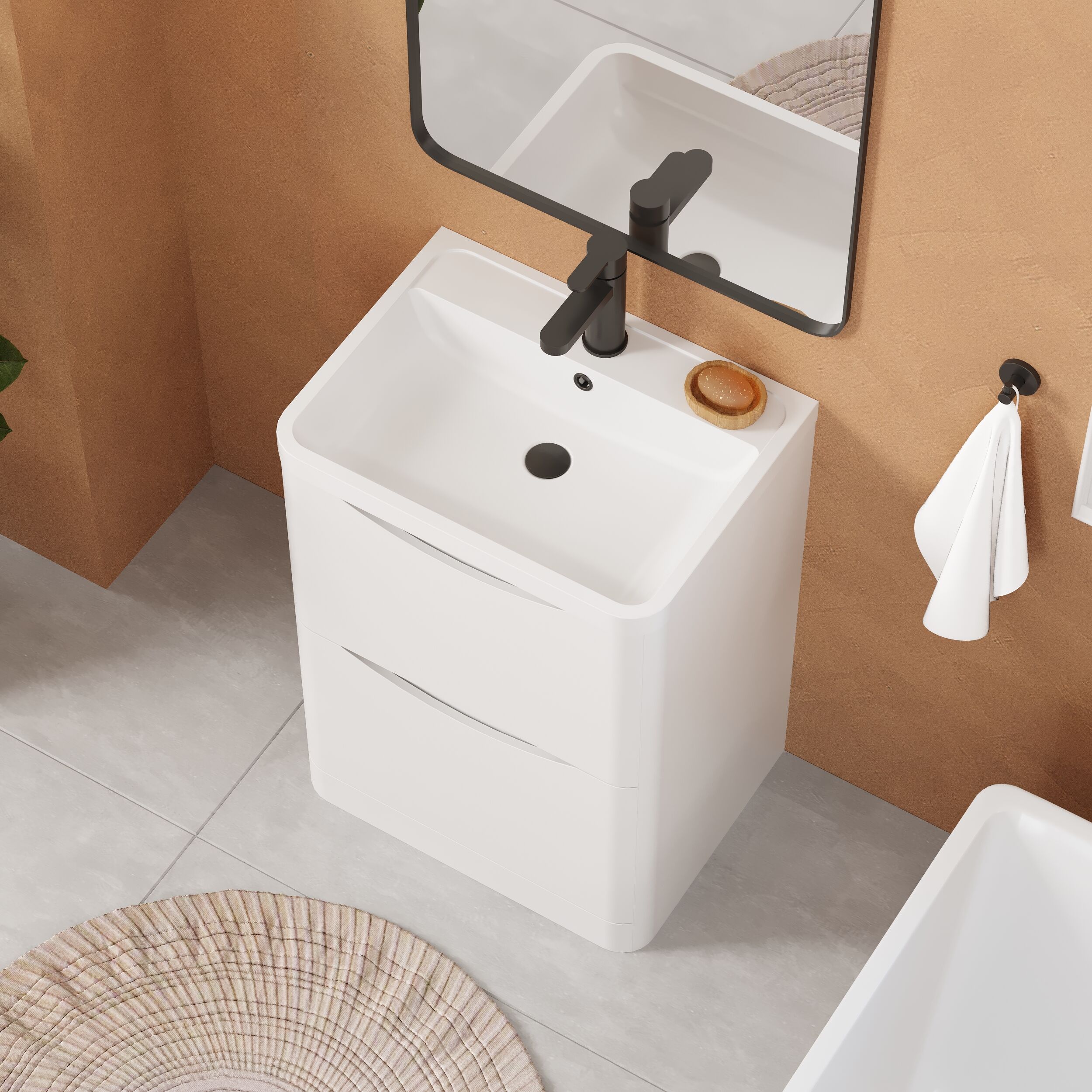Balterley Arch Contemporary Bathroom Floor Standing 2 Drawer Vanity & Polymarble Basin, Satin White, 600mm - Image 3