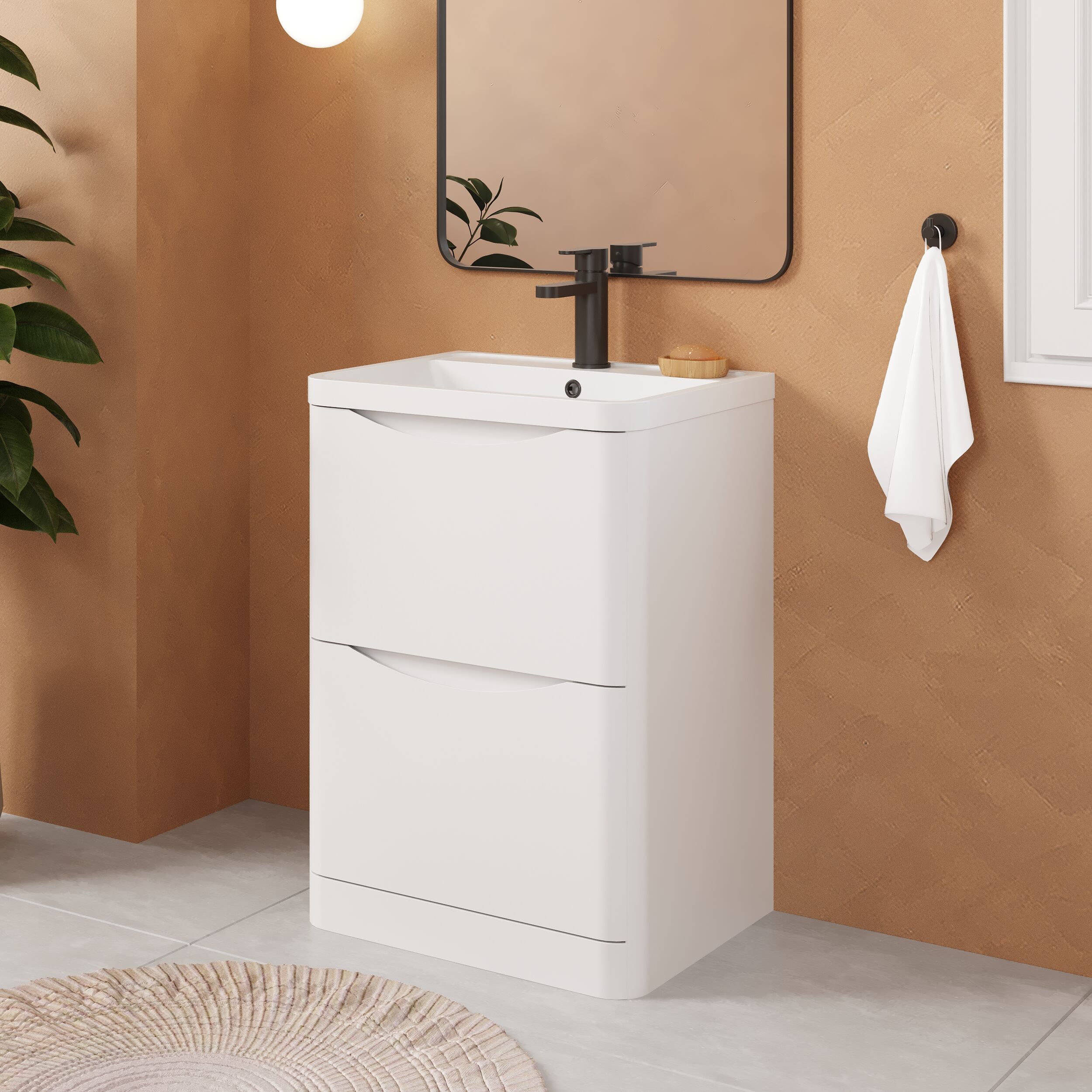 Balterley Arch Contemporary Bathroom Floor Standing 2 Drawer Vanity & Polymarble Basin, Satin White, 600mm - Image 4