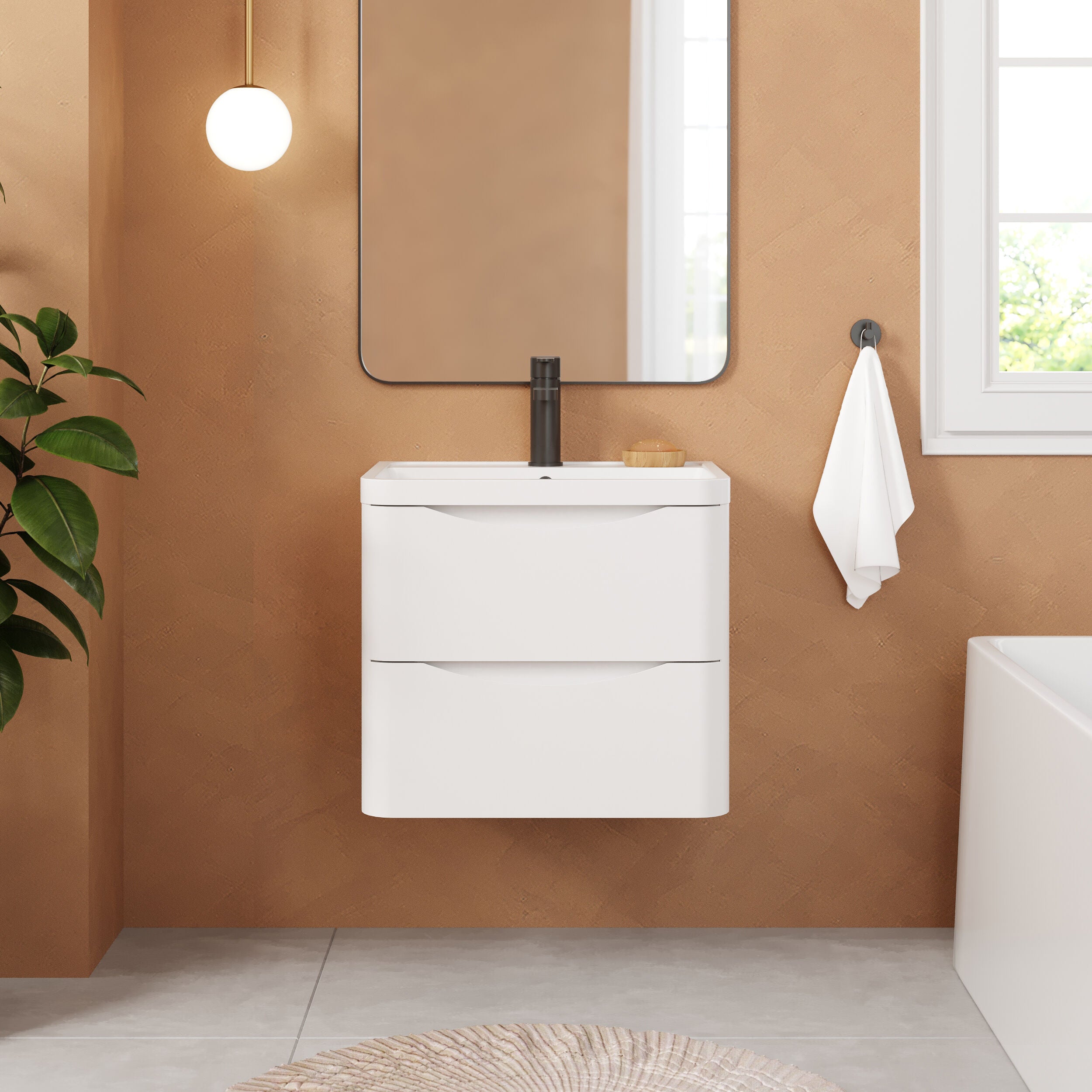 Balterley Arch Contemporary Bathroom Wall Hung 2 Drawer Vanity & Polymarble Basin, Satin White, 600mm - Image 2