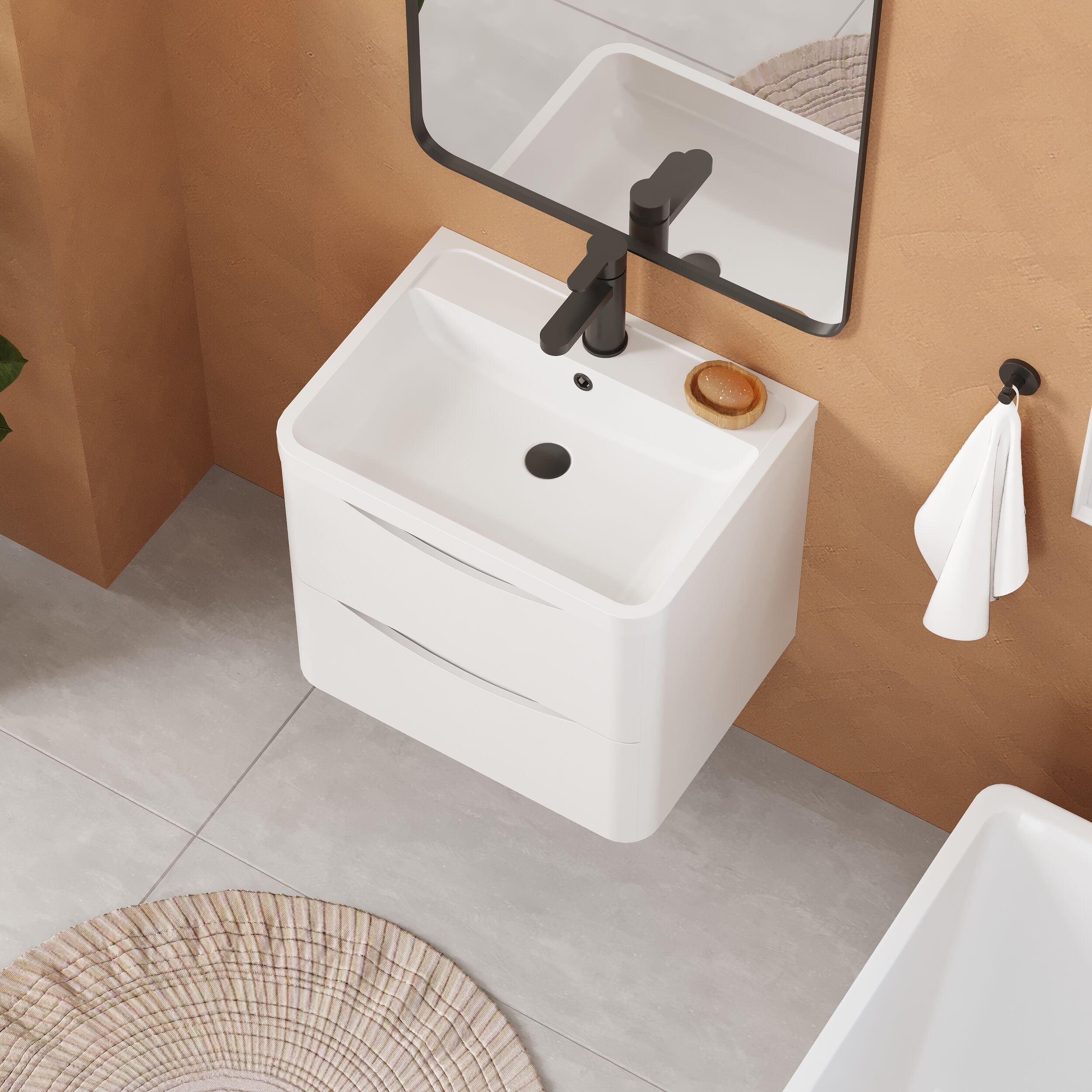 Balterley Arch Contemporary Bathroom Wall Hung 2 Drawer Vanity & Polymarble Basin, Satin White, 600mm - Image 3