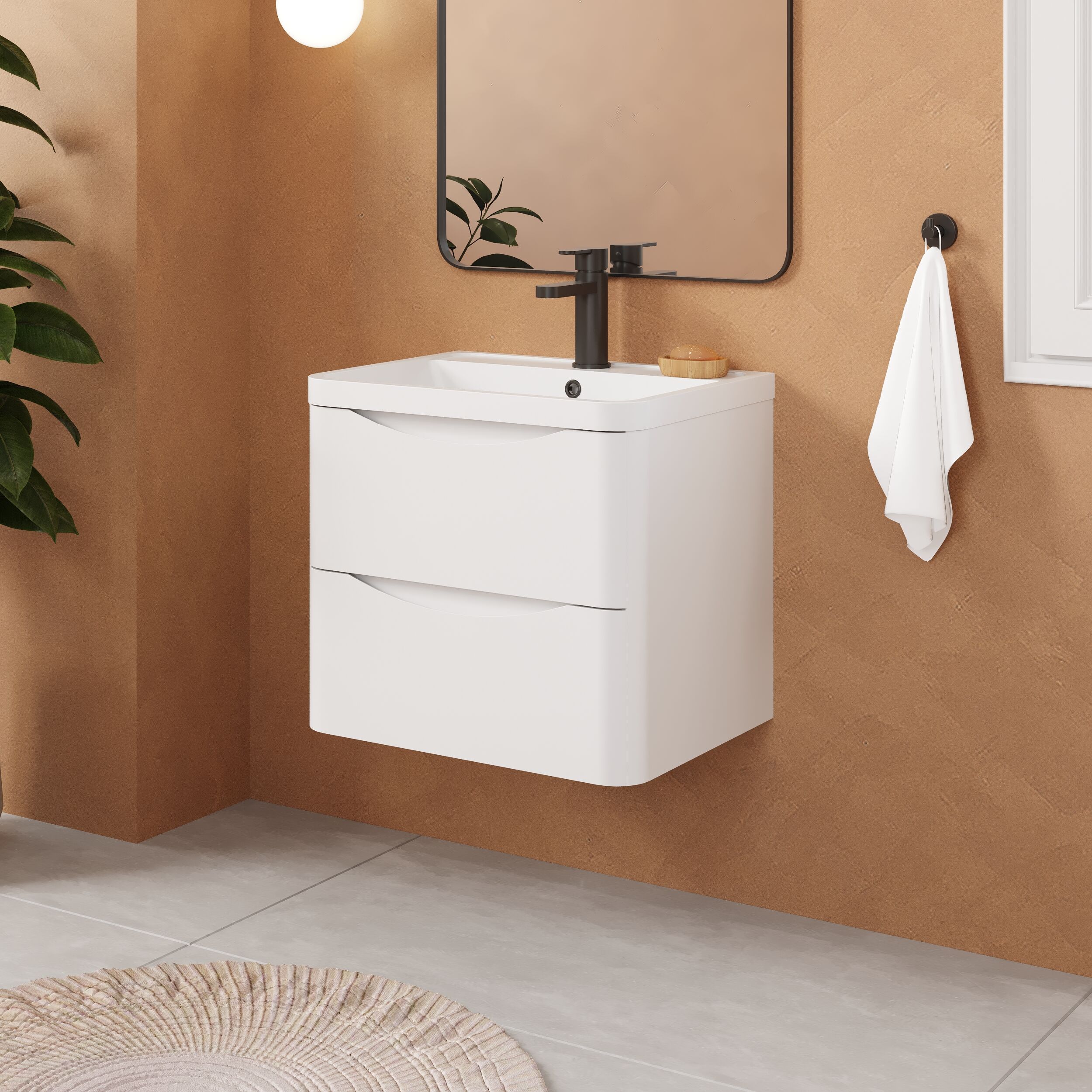 Balterley Arch Contemporary Bathroom Wall Hung 2 Drawer Vanity & Polymarble Basin, Satin White, 600mm - Image 4