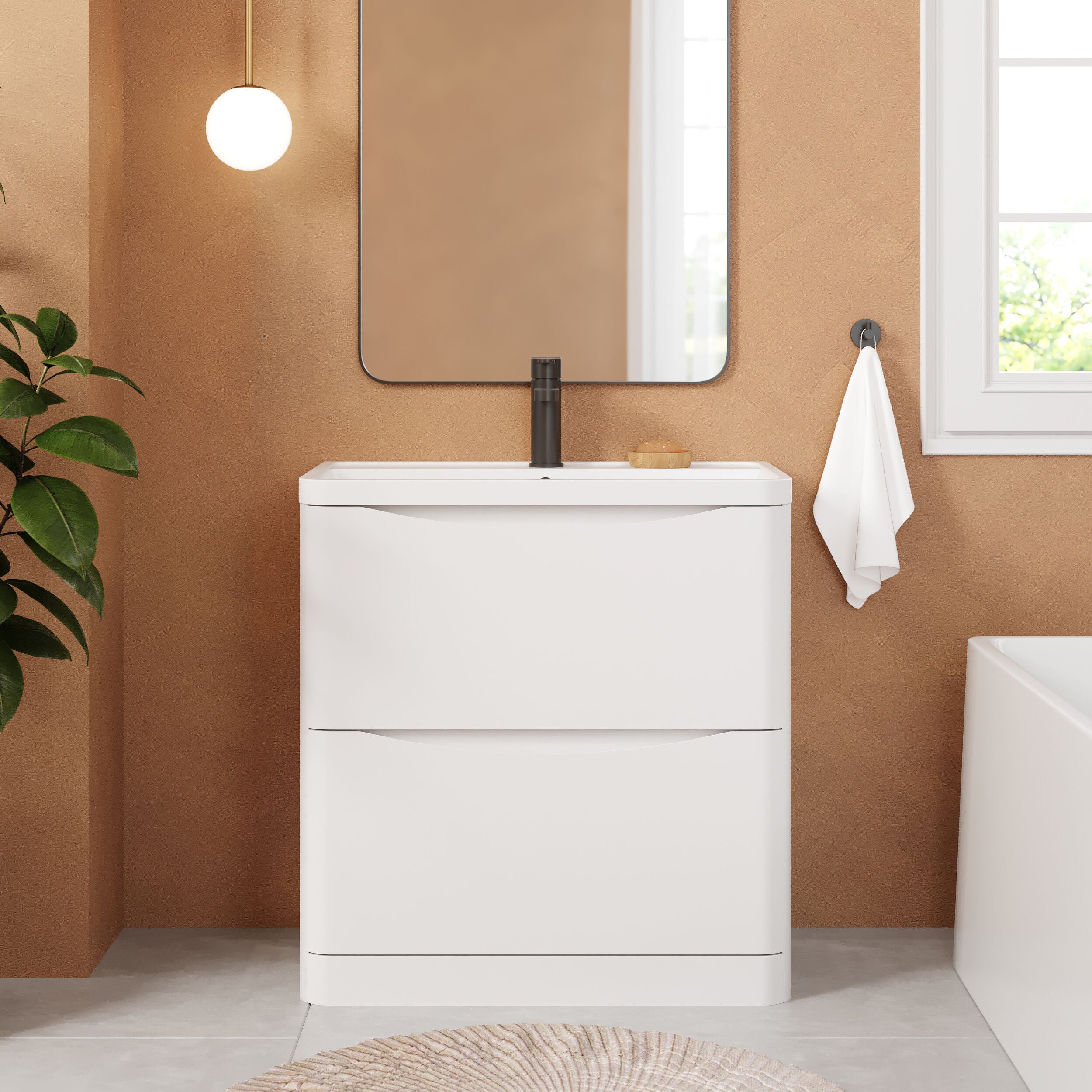 Balterley Arch Contemporary Bathroom Floor Standing 2 Drawer Vanity & Polymarble Basin, Satin White, 800mm - Image 2