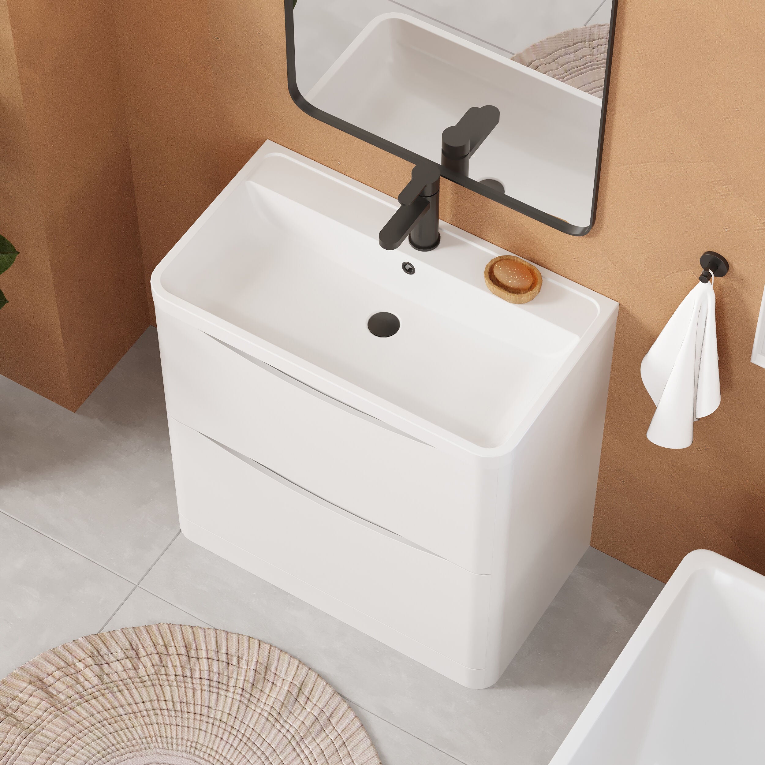 Balterley Arch Contemporary Bathroom Floor Standing 2 Drawer Vanity & Polymarble Basin, Satin White, 800mm - Image 3