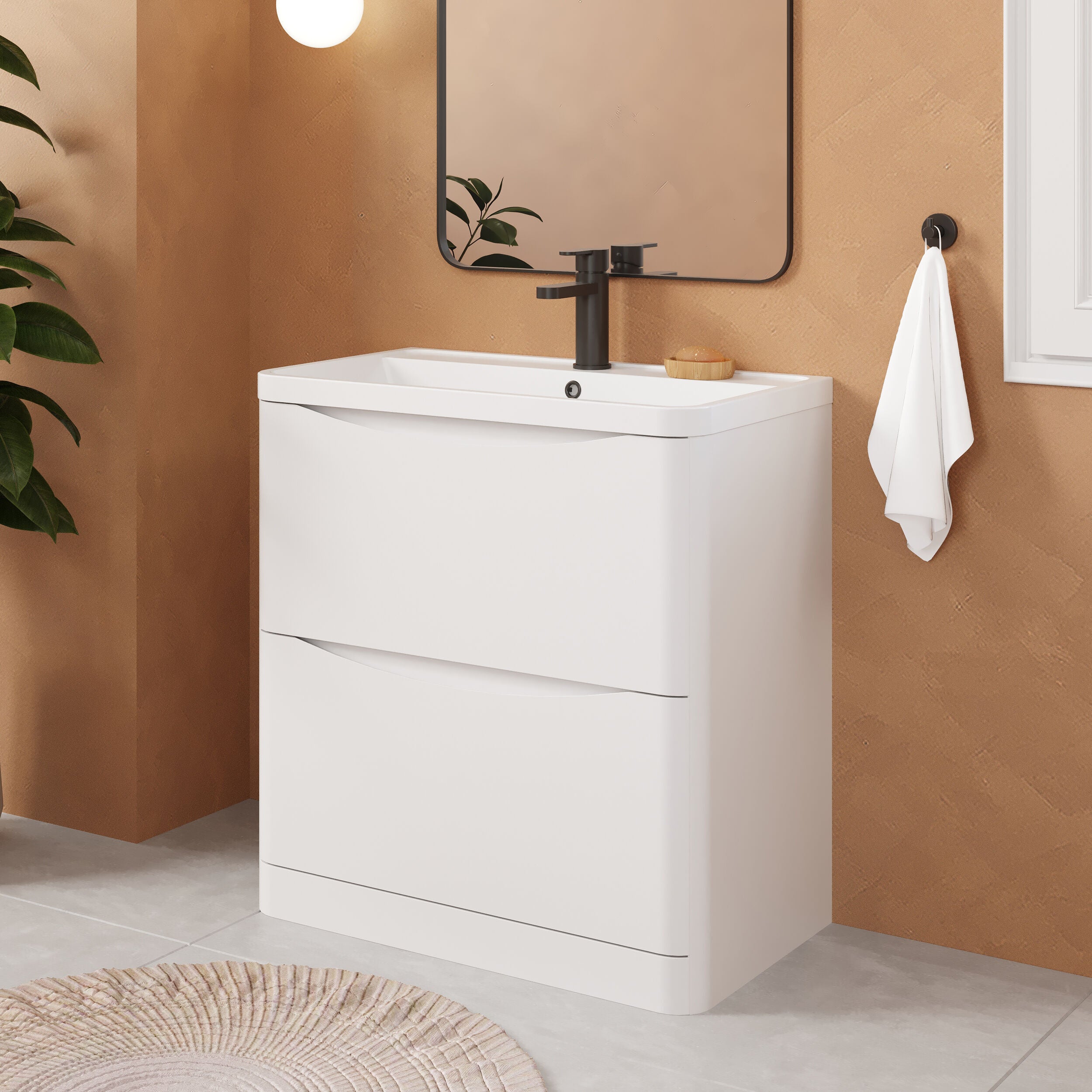 Balterley Arch Contemporary Bathroom Floor Standing 2 Drawer Vanity & Polymarble Basin, Satin White, 800mm - Image 4