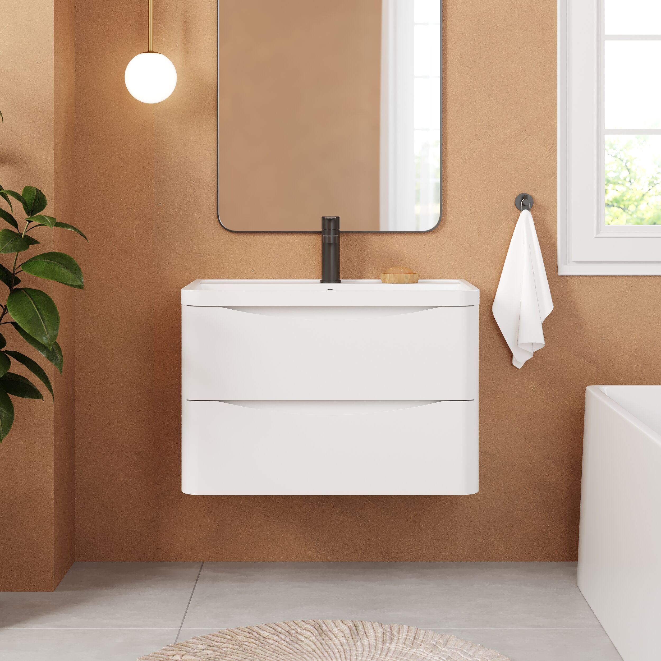 Balterley Arch Contemporary Bathroom Wall Hung 2 Drawer Vanity & Polymarble Basin, Satin White, 800mm - Image 2