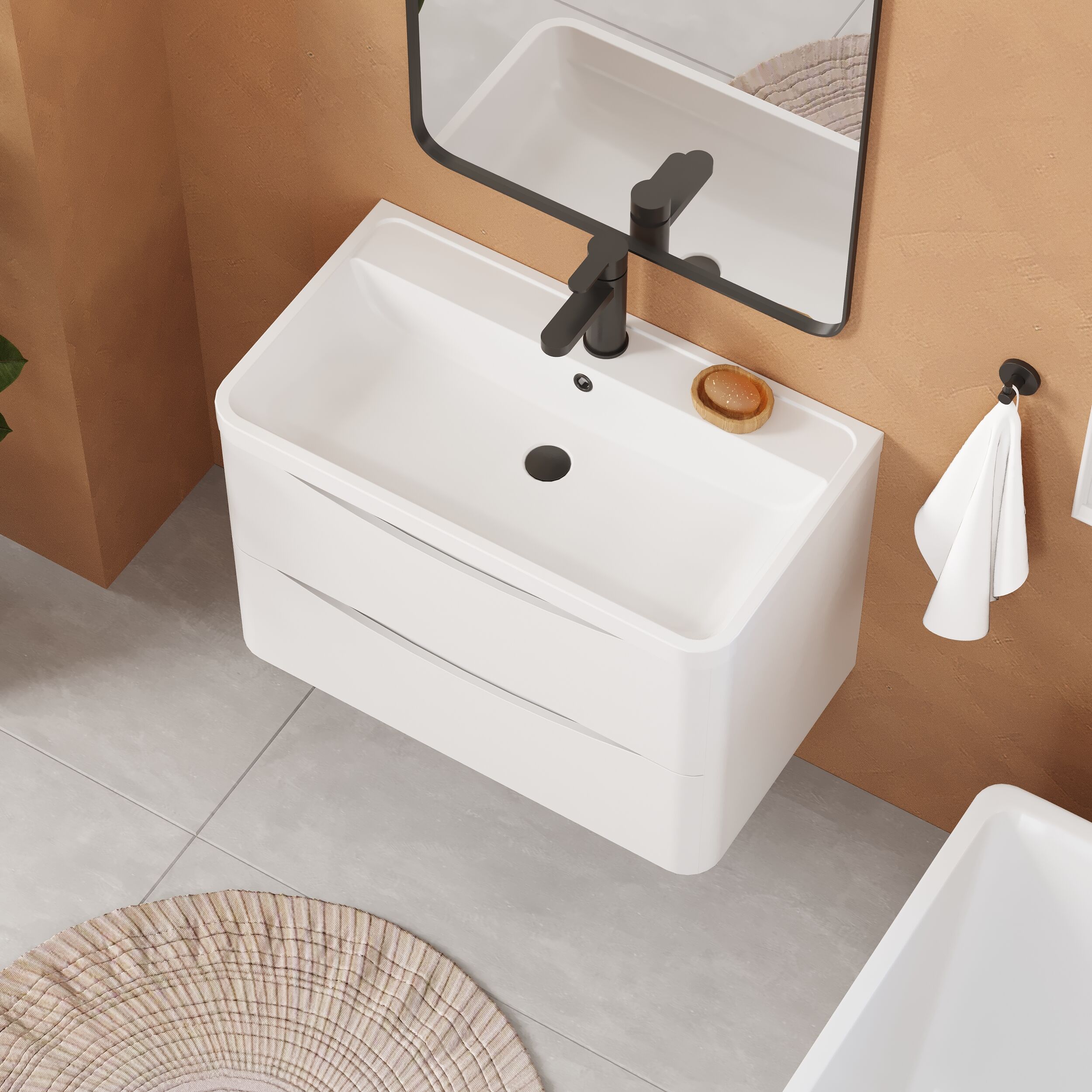 Balterley Arch Contemporary Bathroom Wall Hung 2 Drawer Vanity & Polymarble Basin, Satin White, 800mm - Image 3