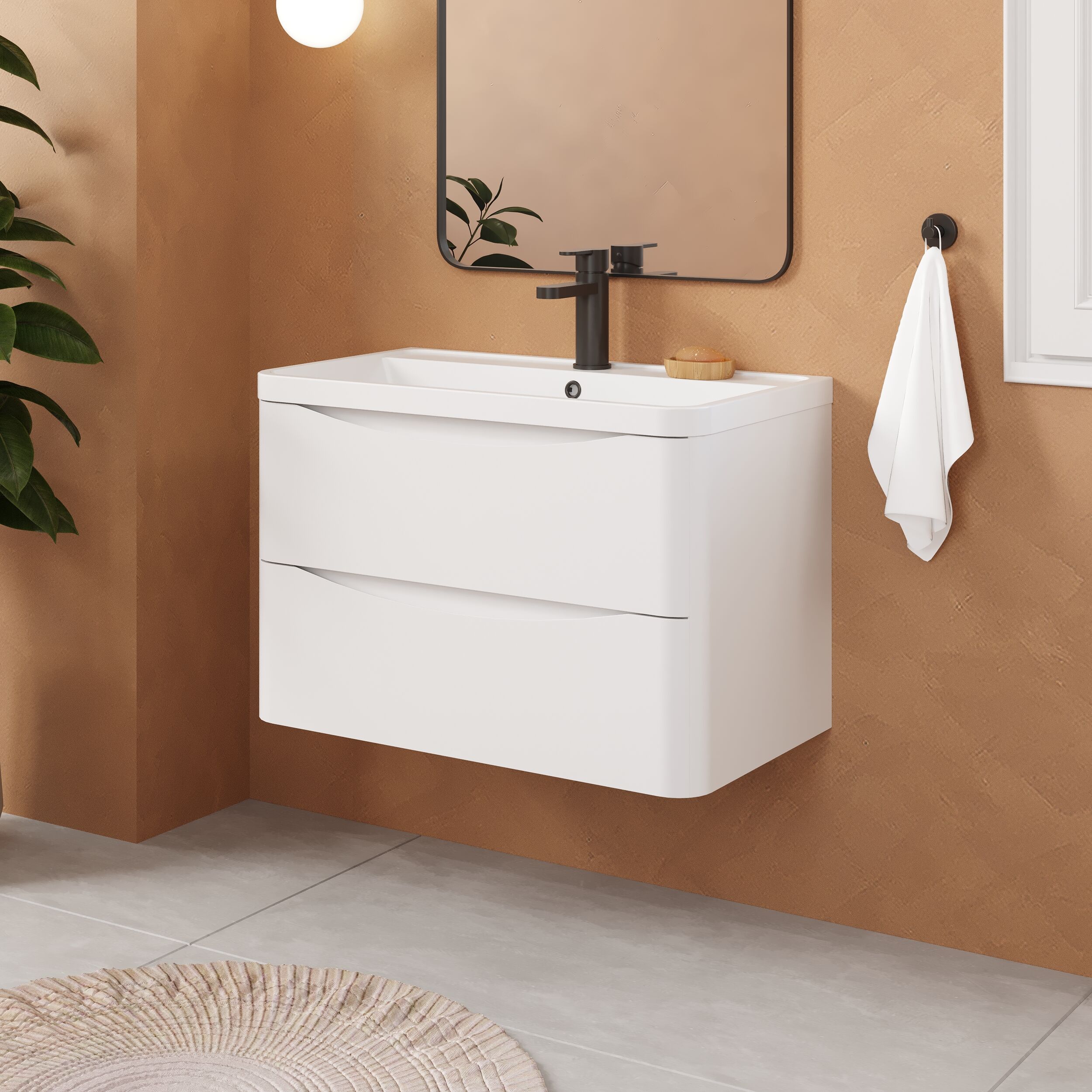 Balterley Arch Contemporary Bathroom Wall Hung 2 Drawer Vanity & Polymarble Basin, Satin White, 800mm - Image 4