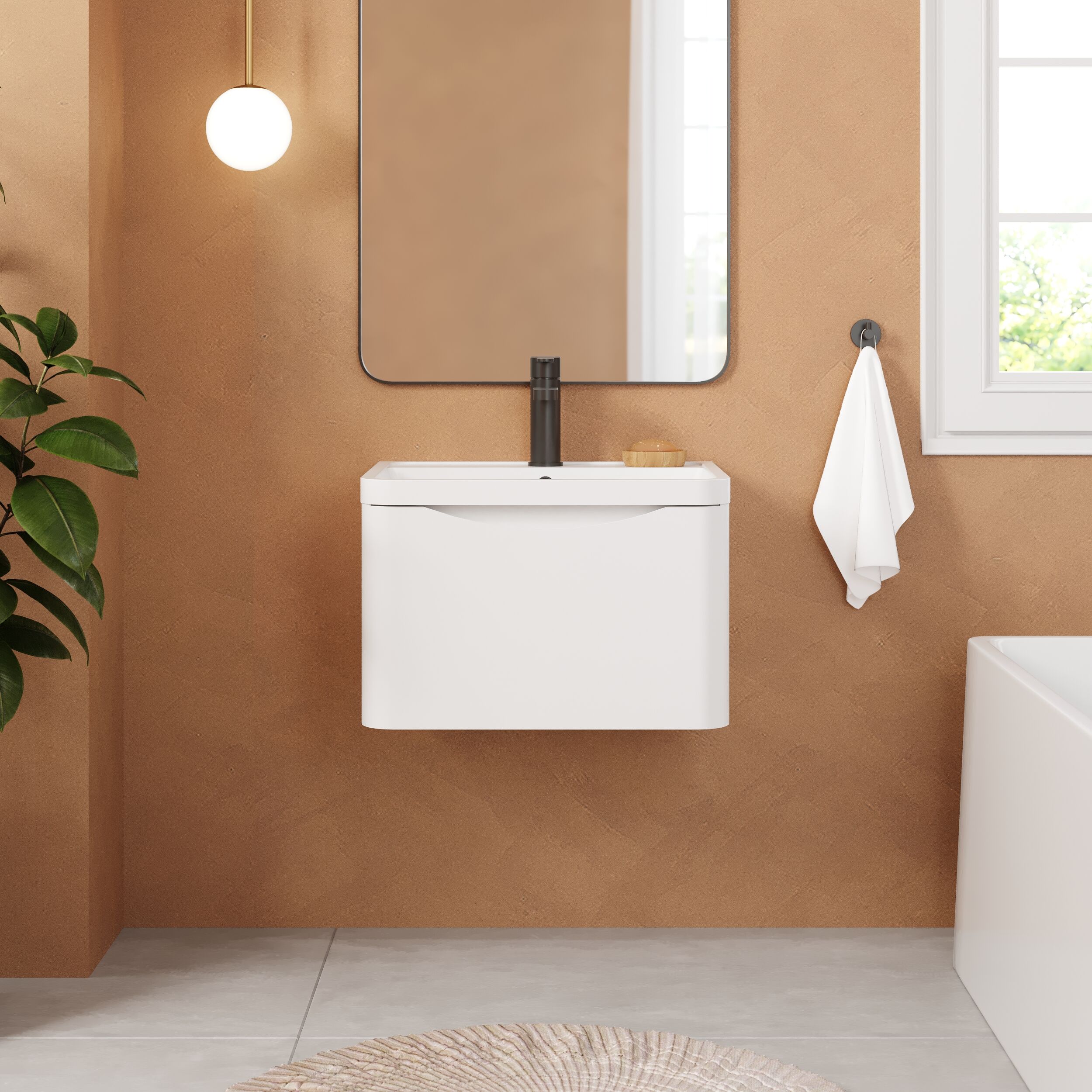 Balterley Arch Contemporary Bathroom Wall Hung 1 Drawer Vanity & Polymarble Basin, Satin White, 600mm - Image 2