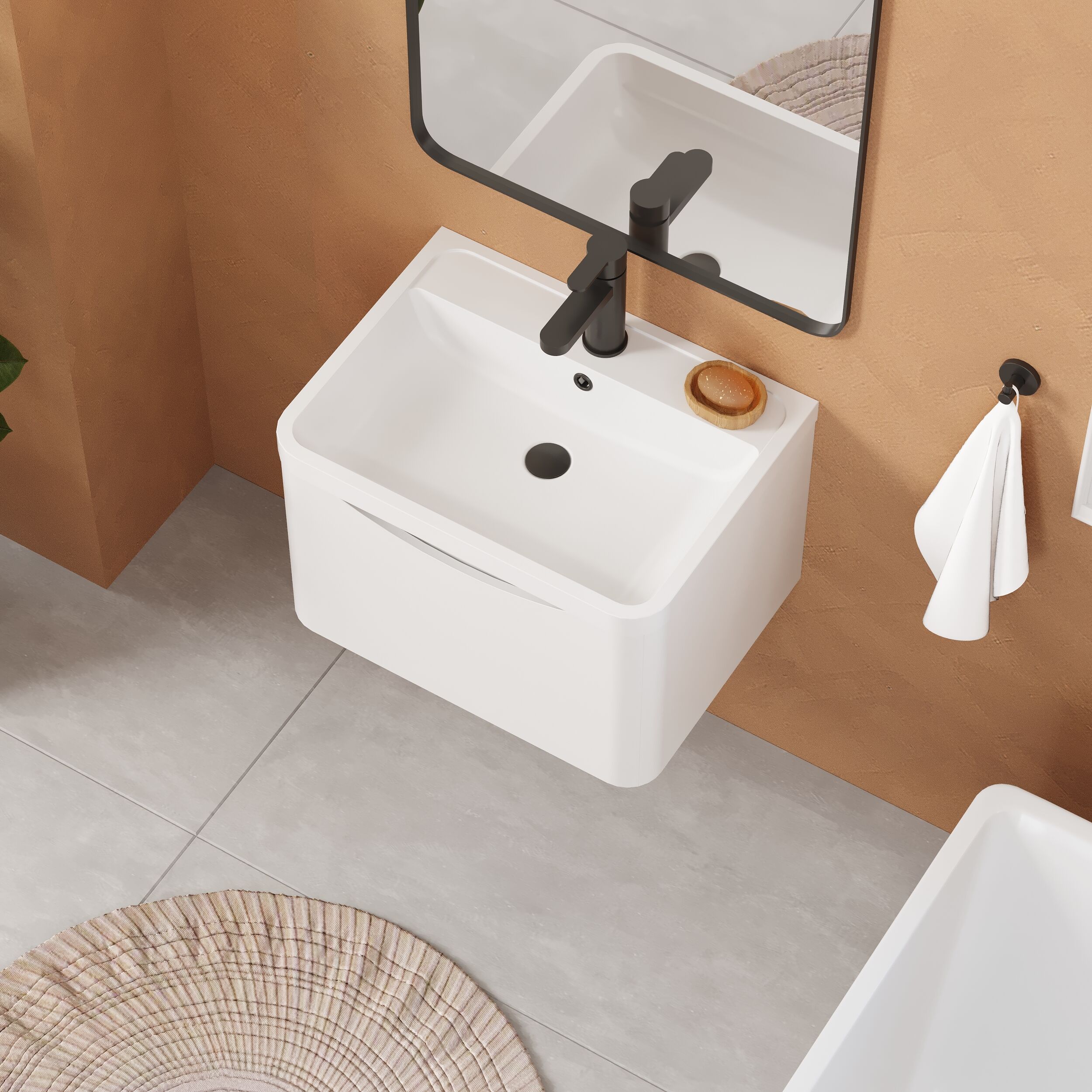 Balterley Arch Contemporary Bathroom Wall Hung 1 Drawer Vanity & Polymarble Basin, Satin White, 600mm - Image 3