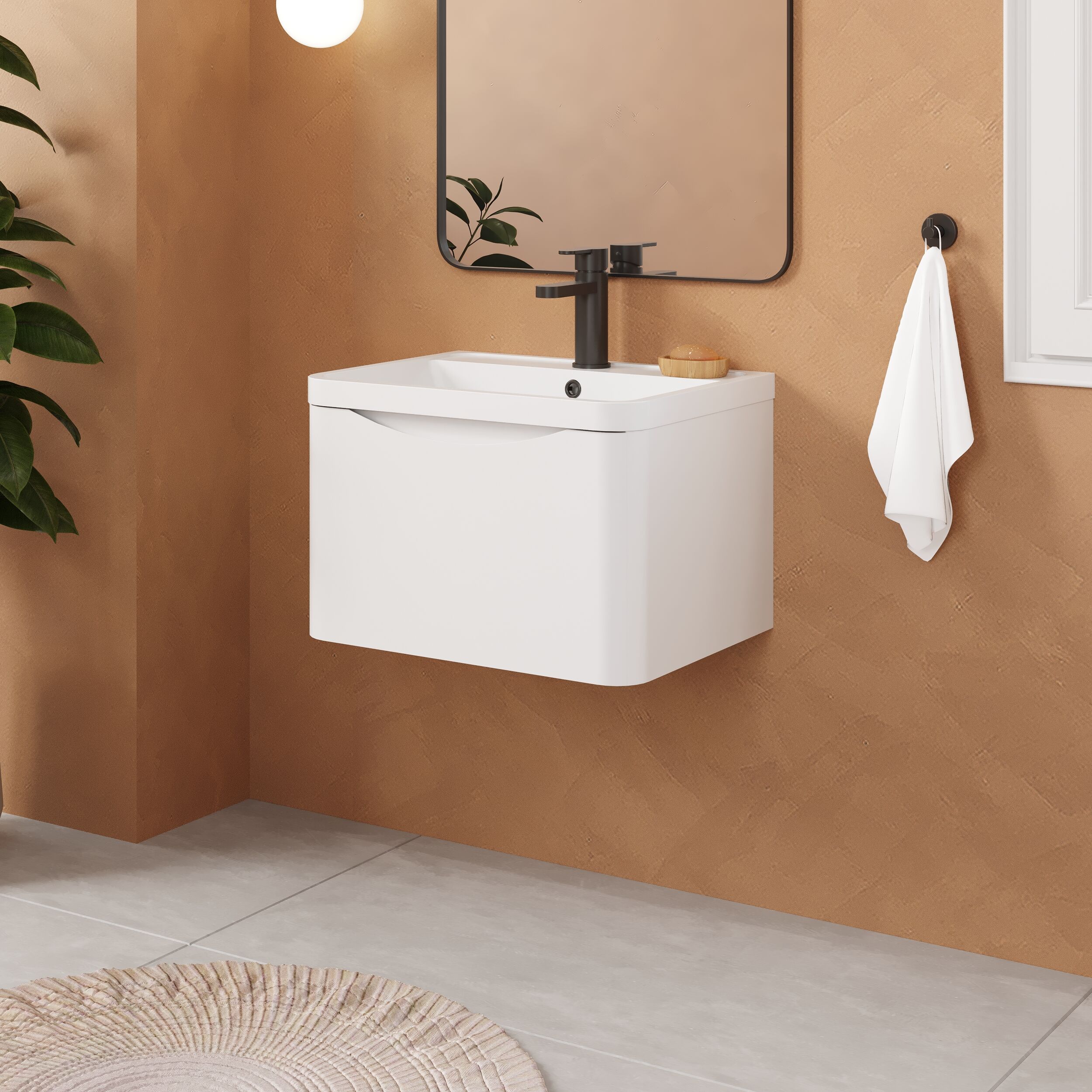 Balterley Arch Contemporary Bathroom Wall Hung 1 Drawer Vanity & Polymarble Basin, Satin White, 600mm - Image 4