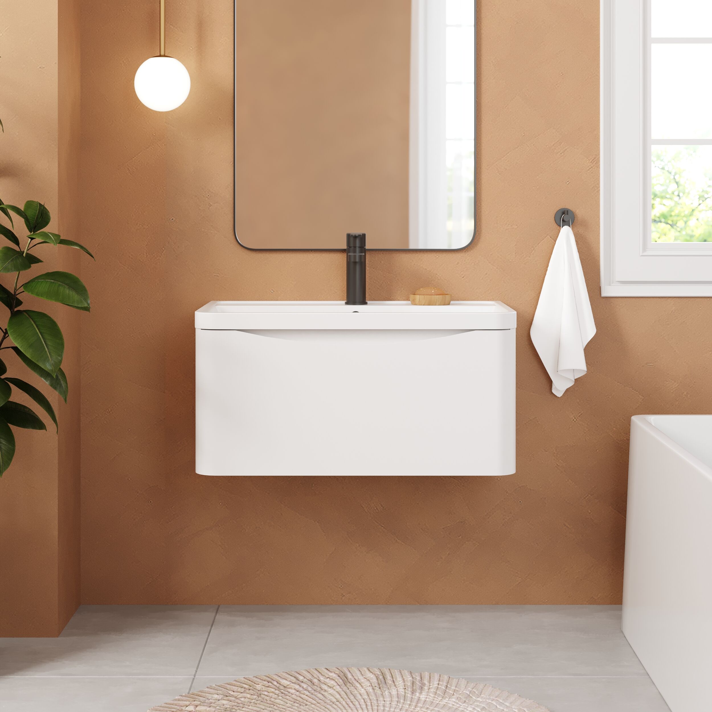 Balterley Arch Contemporary Bathroom Wall Hung 1 Drawer Vanity & Polymarble Basin, Satin White, 800mm - Image 2