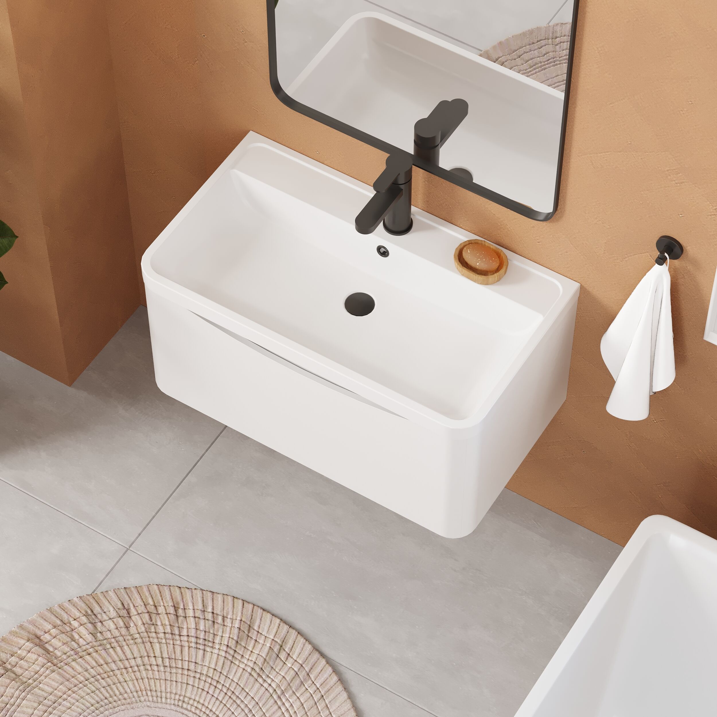 Balterley Arch Contemporary Bathroom Wall Hung 1 Drawer Vanity & Polymarble Basin, Satin White, 800mm - Image 3