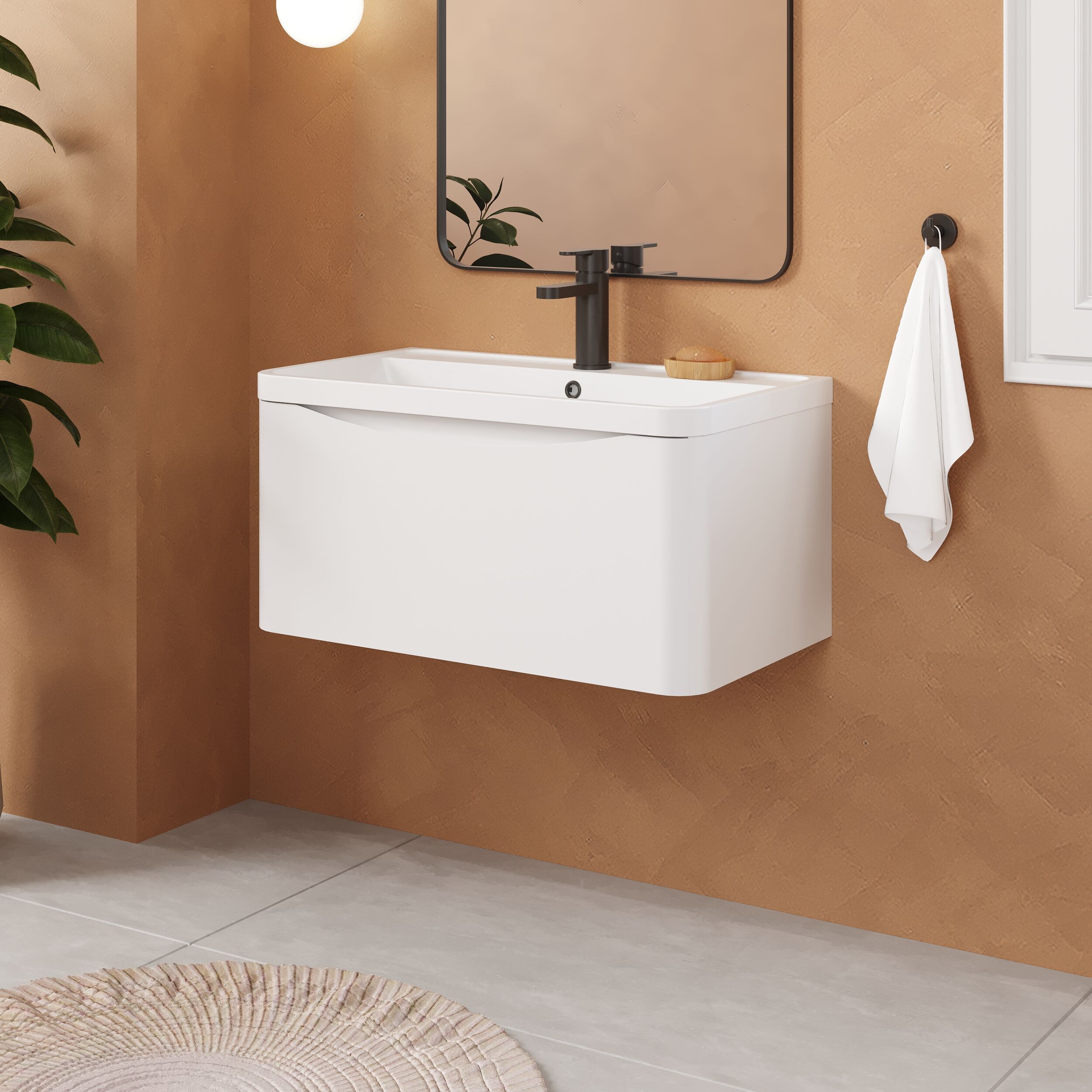 Balterley Arch Contemporary Bathroom Wall Hung 1 Drawer Vanity & Polymarble Basin, Satin White, 800mm - Image 4