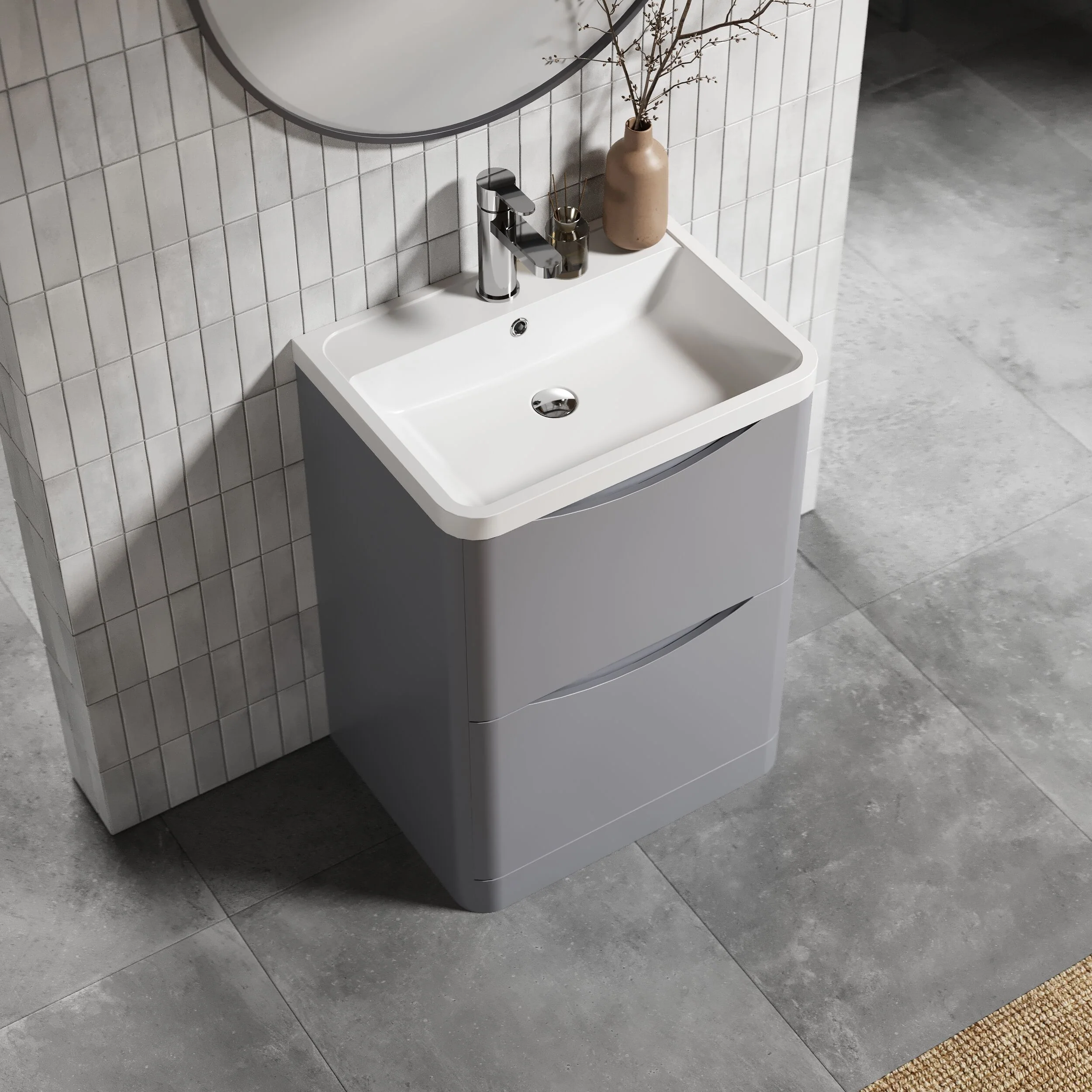 Balterley Arch Floor Standing 2 Drawer Bathroom Vanity Unit & Polymarble Basin, Satin Grey, 550mm - Image 3