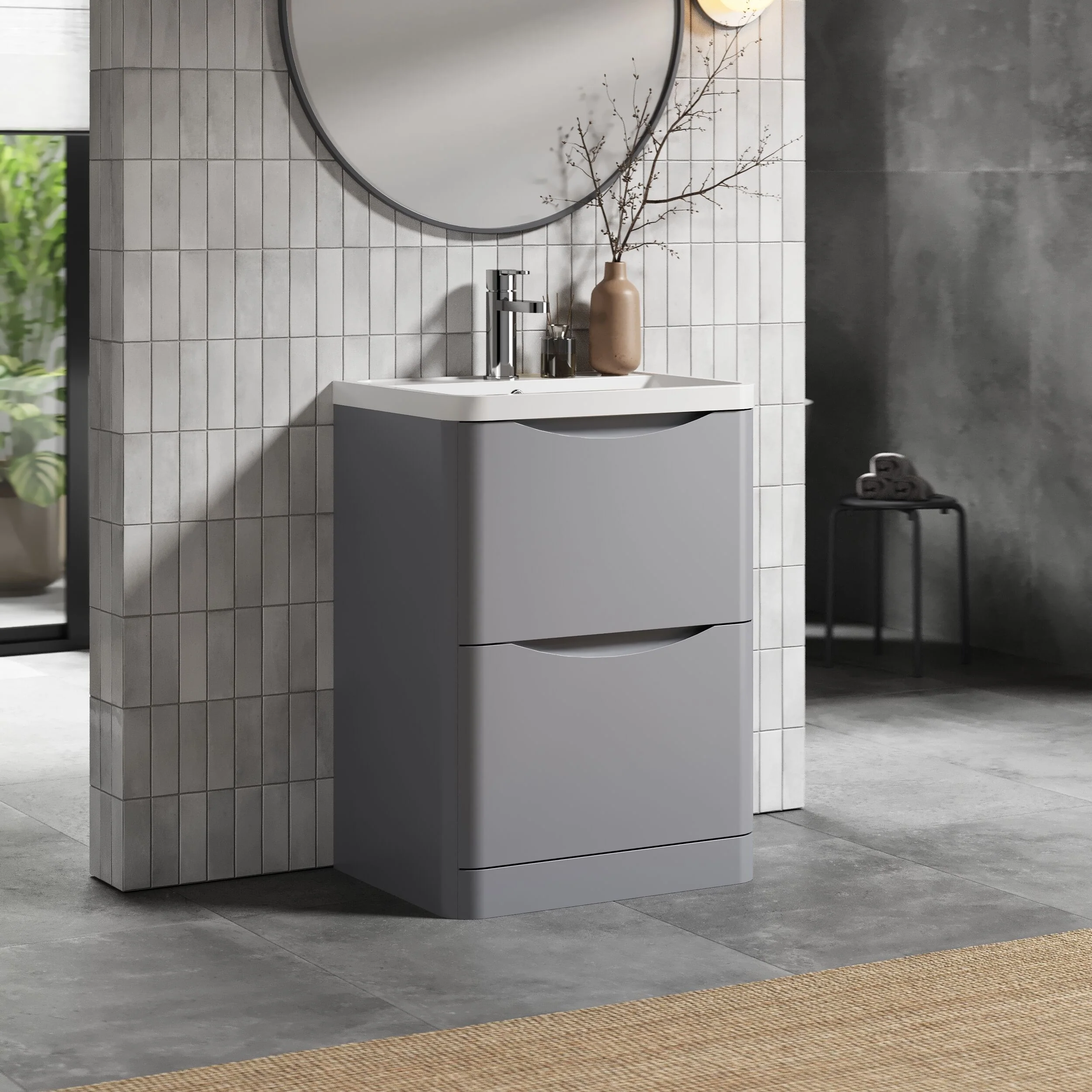 Balterley Arch Floor Standing 2 Drawer Bathroom Vanity Unit & Polymarble Basin, Satin Grey, 550mm - Image 4