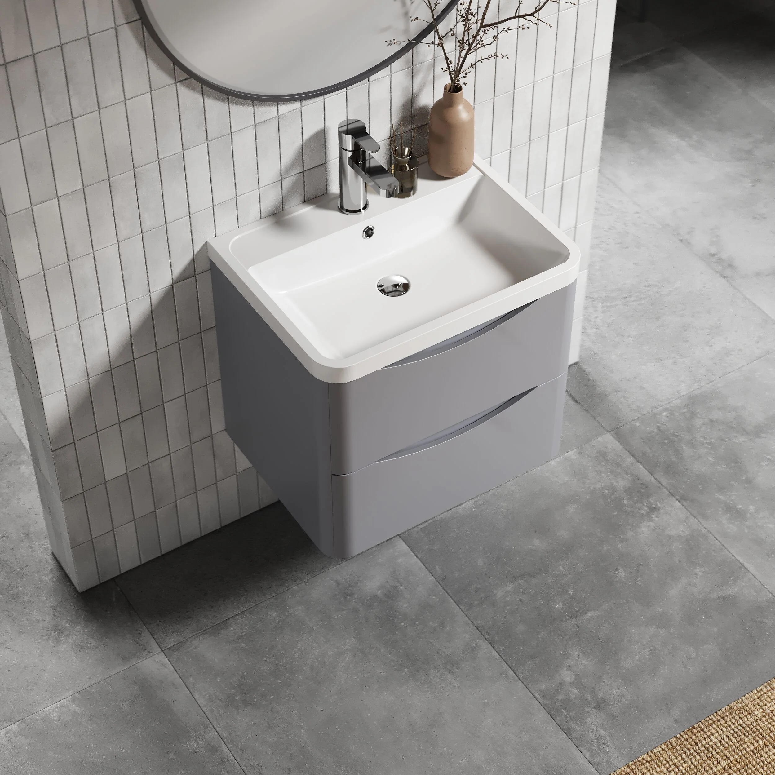 Balterley Arch Wall Hung 2 Drawer Bathroom Vanity Unit & Polymarble Basin, Satin Grey, 550mm - Image 3
