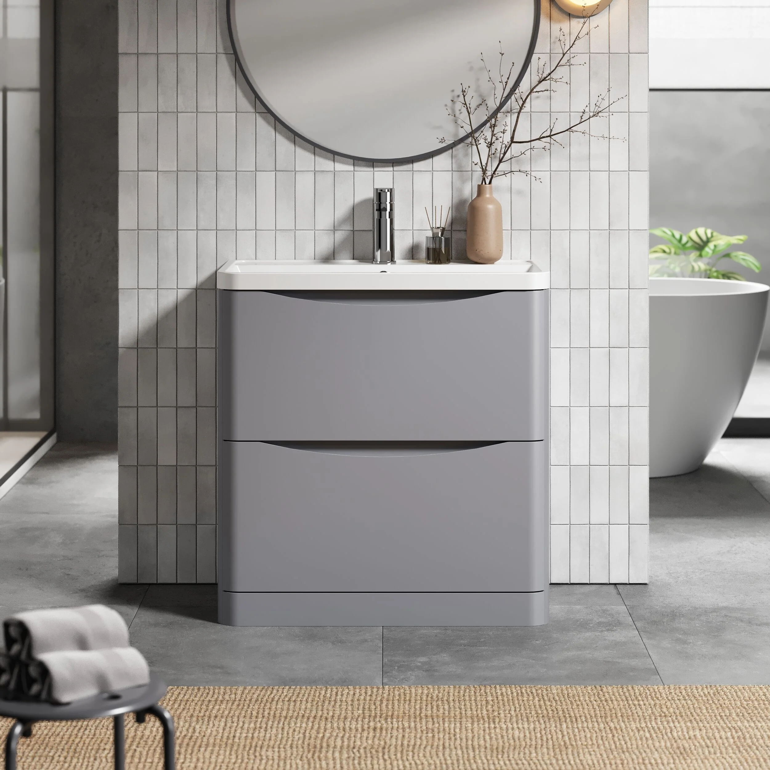 Balterley Arch Floor Standing 2 Drawer Bathroom Vanity Unit & Polymarble Basin, Satin Grey, 755mm - Image 2