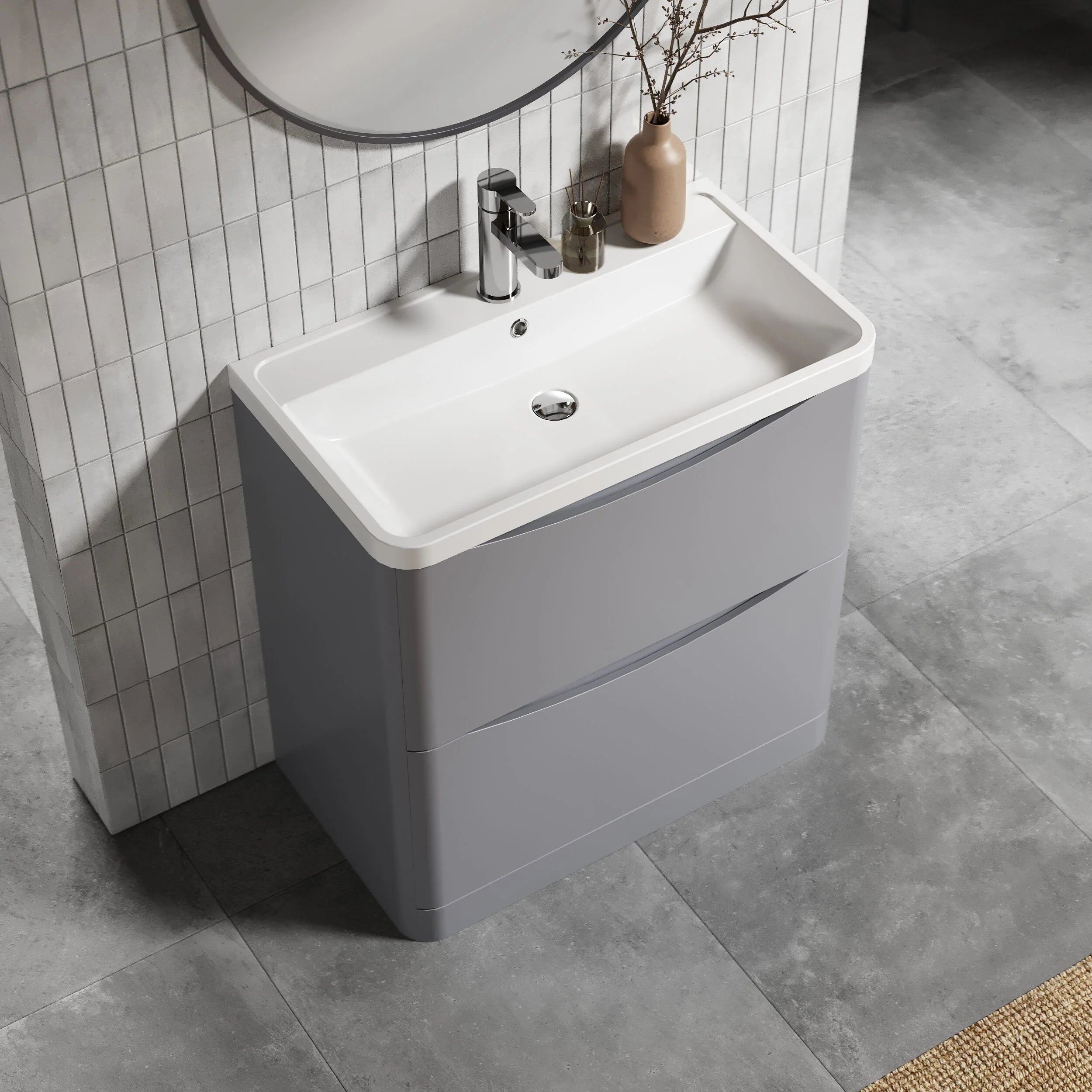 Balterley Arch Floor Standing 2 Drawer Bathroom Vanity Unit & Polymarble Basin, Satin Grey, 755mm - Image 3