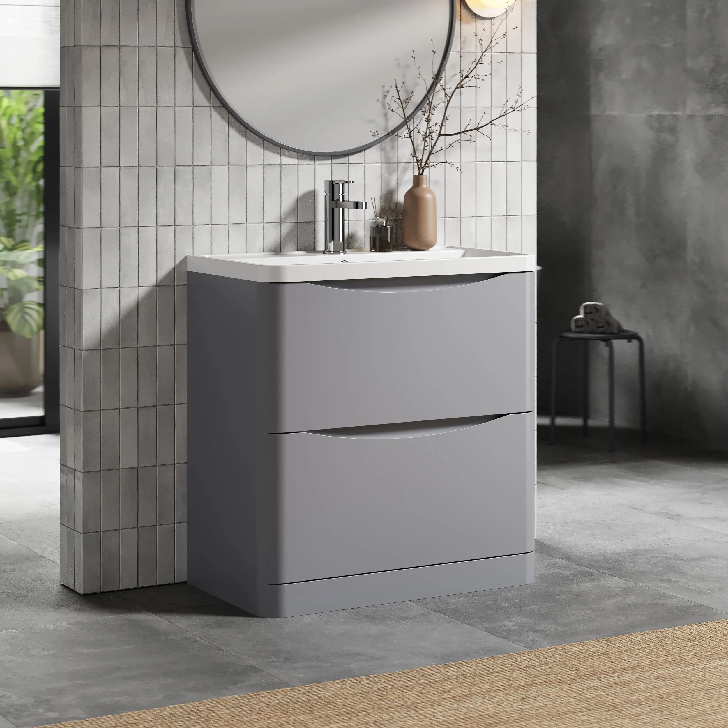 Balterley Arch Floor Standing 2 Drawer Bathroom Vanity Unit & Polymarble Basin, Satin Grey, 755mm - Image 4