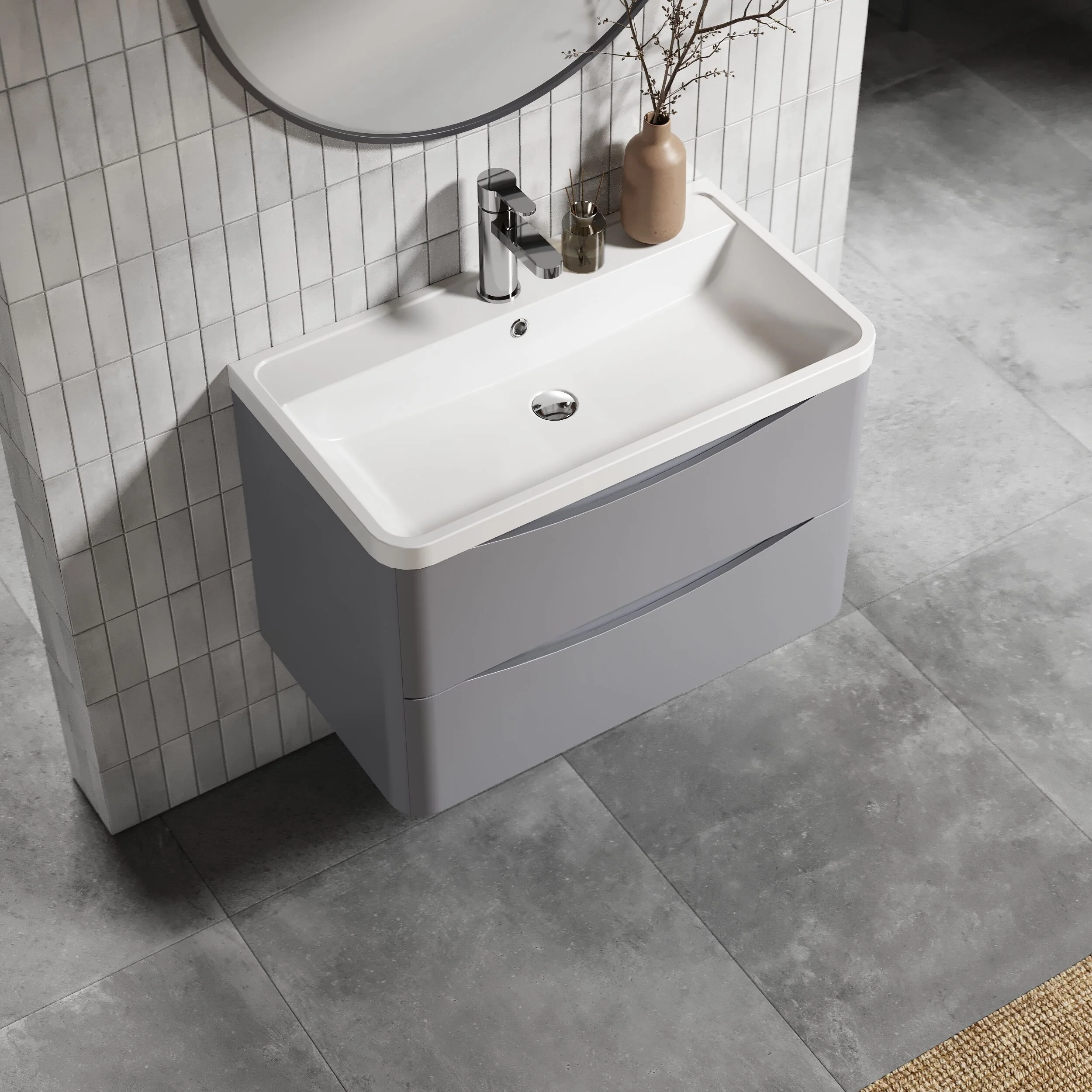 Balterley Arch Wall Hung 2 Drawer Bathroom Vanity Unit & Polymarble Basin, Satin Grey, 755mm - Image 3