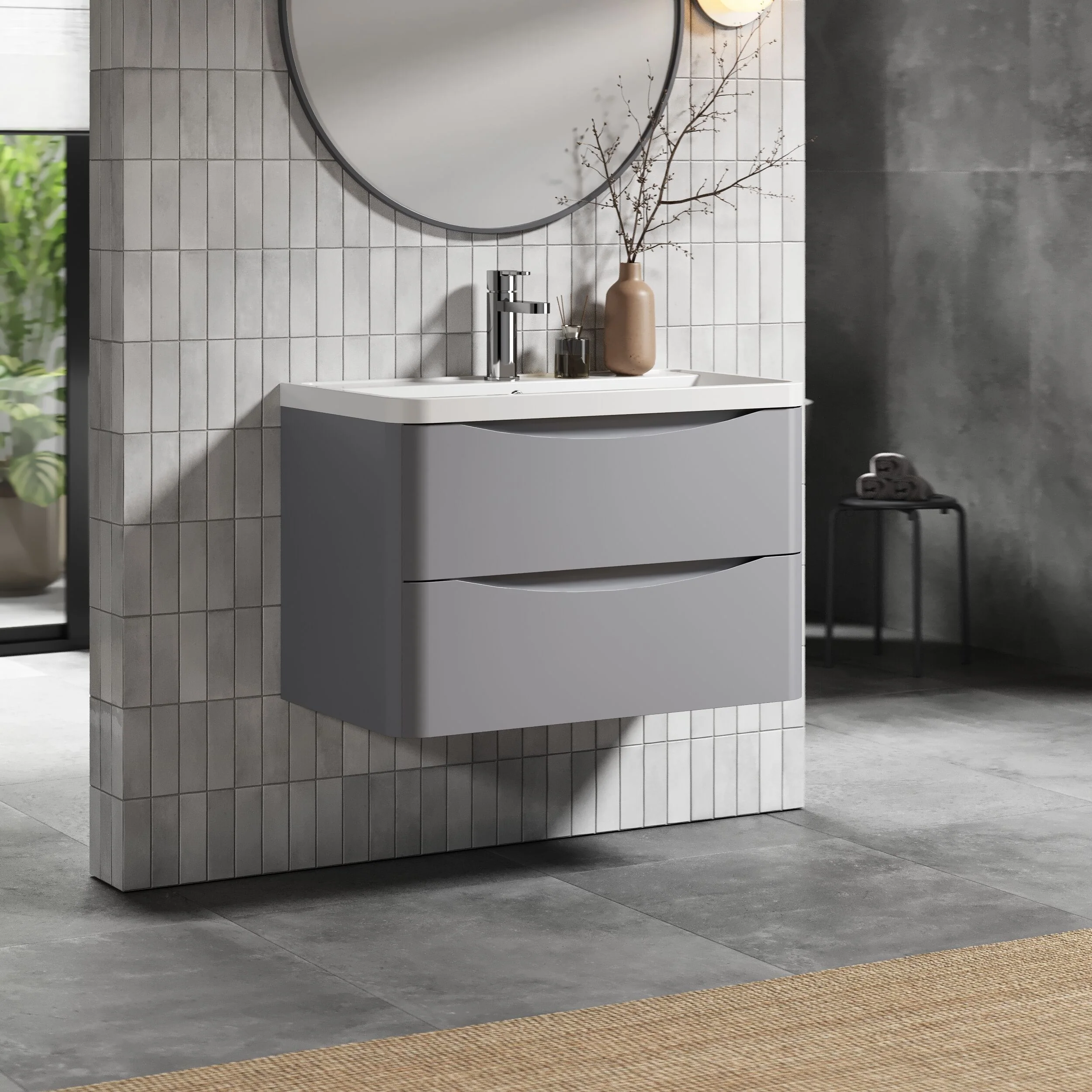 Balterley Arch Wall Hung 2 Drawer Bathroom Vanity Unit & Polymarble Basin, Satin Grey, 755mm - Image 4
